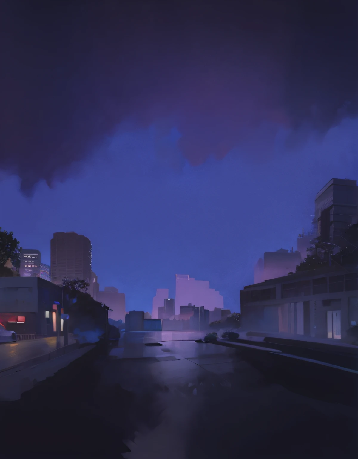 Large wide angle, aerial vision, night view of city streets, night view, dark city landscape, atmosphere, digital painting, extremely gloomy lighting, dramatic lighting. Concept Art, Night - Time, Gloomy Lights, Artwork in Background, Cityscape, Dusk on City Streets, Starry Sky