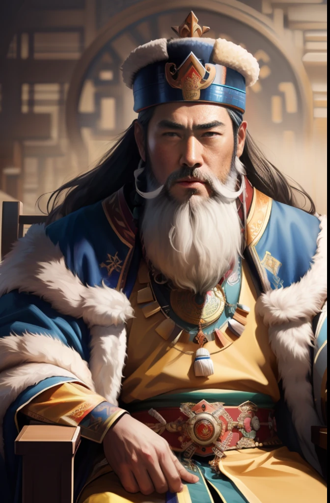 a mongol king named timur of ancient mongolia, in traditional dress, with beard, sharp eyes and strong jawline, sitting in his throne, 8k, hyperrealistic, cinematic