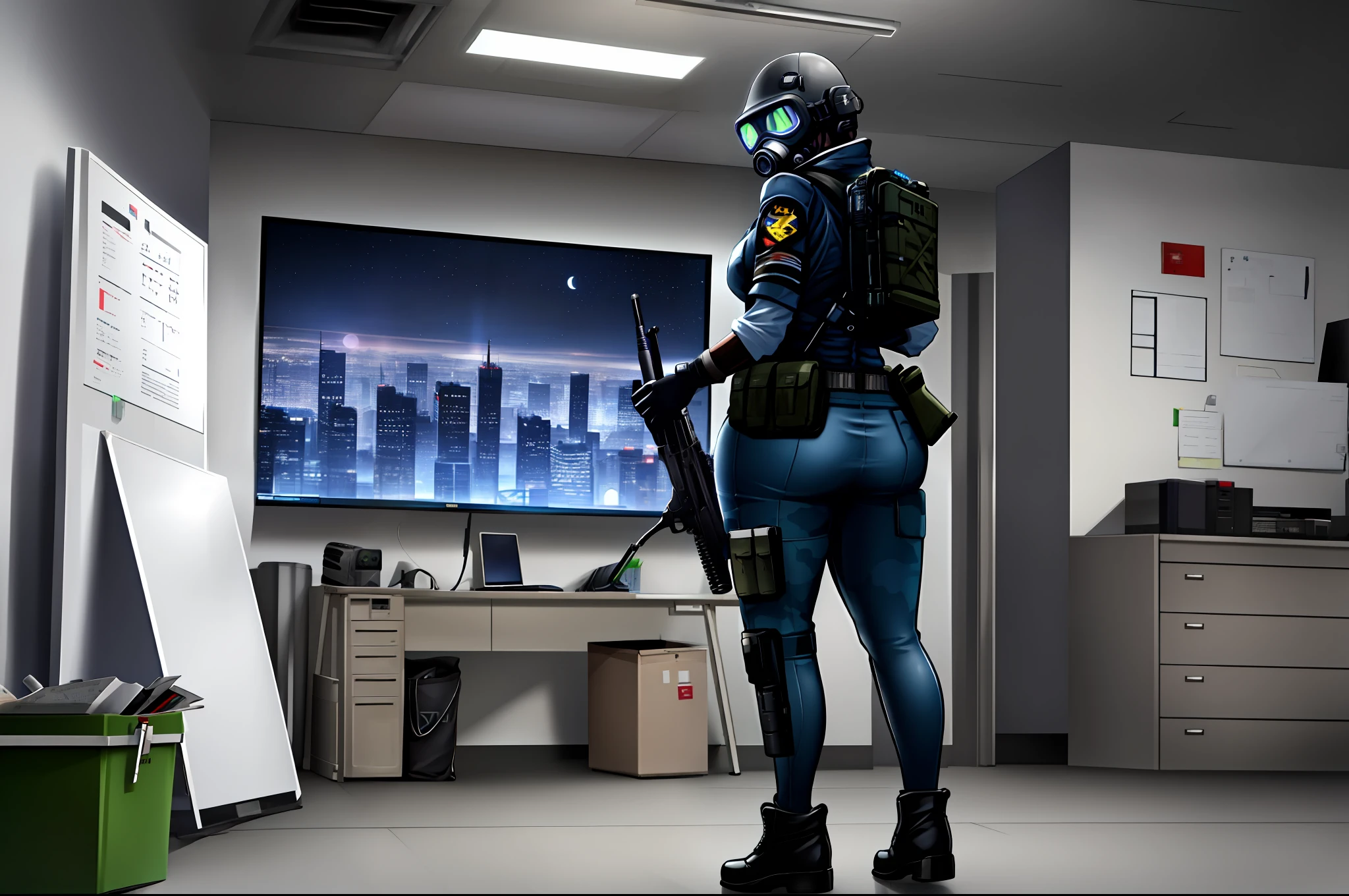 solo, wide hips, ass, small breasts, curvy, thick thighs, techwear, tight clothes, tactical gear, holding weapon, blue camo, 1girl, (blue eyes), glowing eyes, military uniform, smg, submachine gun, assault rifle, pistol, pistol holster, bulletproof vest, shoulder armor, vest collar, belt, grenade belt, tool belt, chest rig, gas mask, military, cyberpunk, ghost in the shell, night, stars, moon, tower, skyscraper, city, sci fi, dystopia, tablet, helmet, combine soldier, pouches, gloves, combat boots, radio, street, garbage on street, armband, science fiction, indoors, office, office cubicle, aiming weapon, city night, billboards, corporate, paper pile, computers, laptop, keyboard, cubicle, windows, dark room, mood lighting, (full body:1.3), (extremely detailed CG unity 8k wallpaper),(masterpiece), (best quality), (ultra-detailed), (best illustration),(best shadow),  8k, super detail, ccurate, best quality, UHD