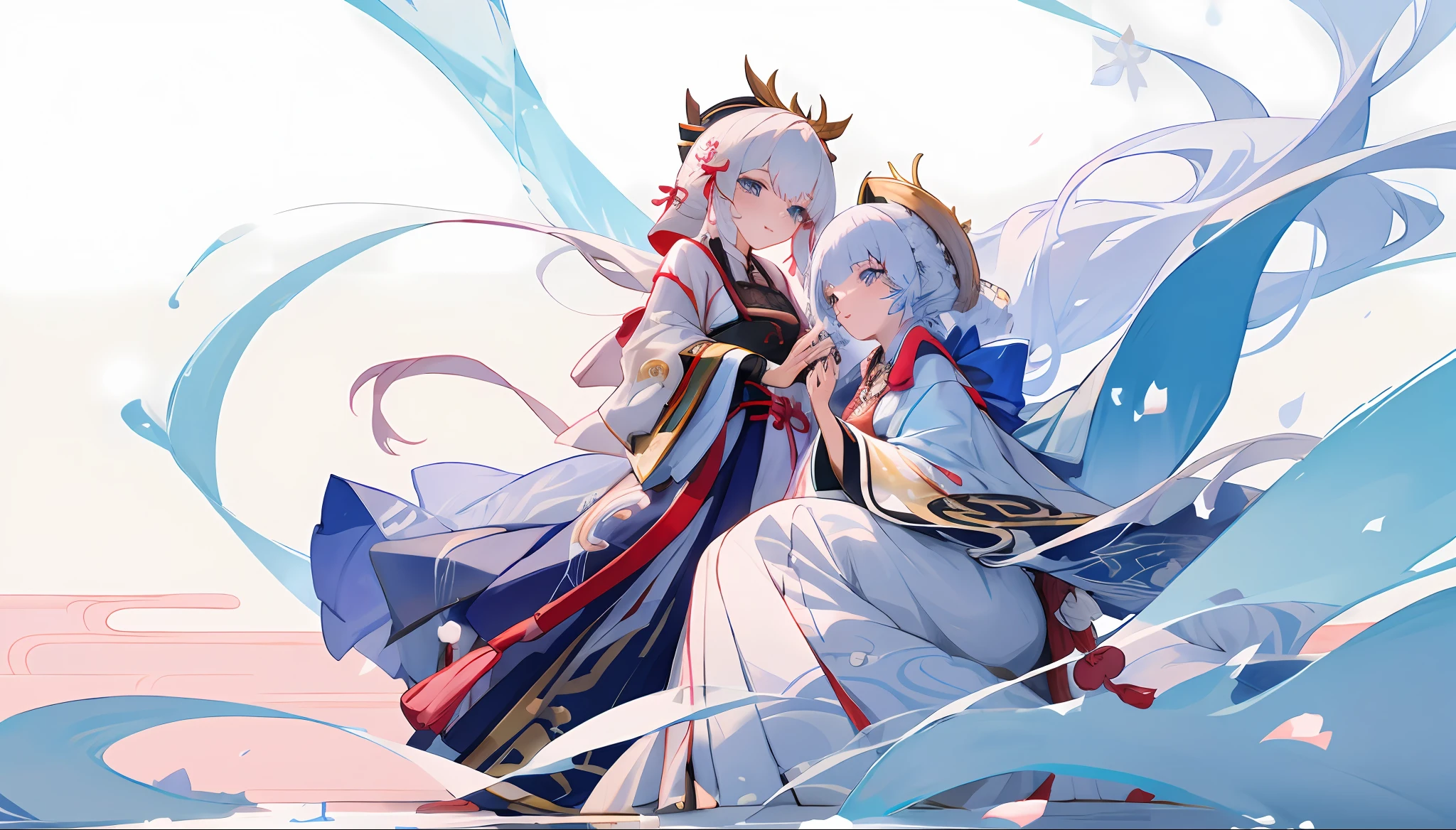 anime image of two women dressed in traditional japanese clothing in snow, palace ， a girl in hanfu, wlop and sakimichan, white haired deity, characters from azur lane, anime fantasy illustration, from the azur lane videogame, genshin, artwork in the style of guweiz, onmyoji detailed art, two beautiful anime girls, mother and *****