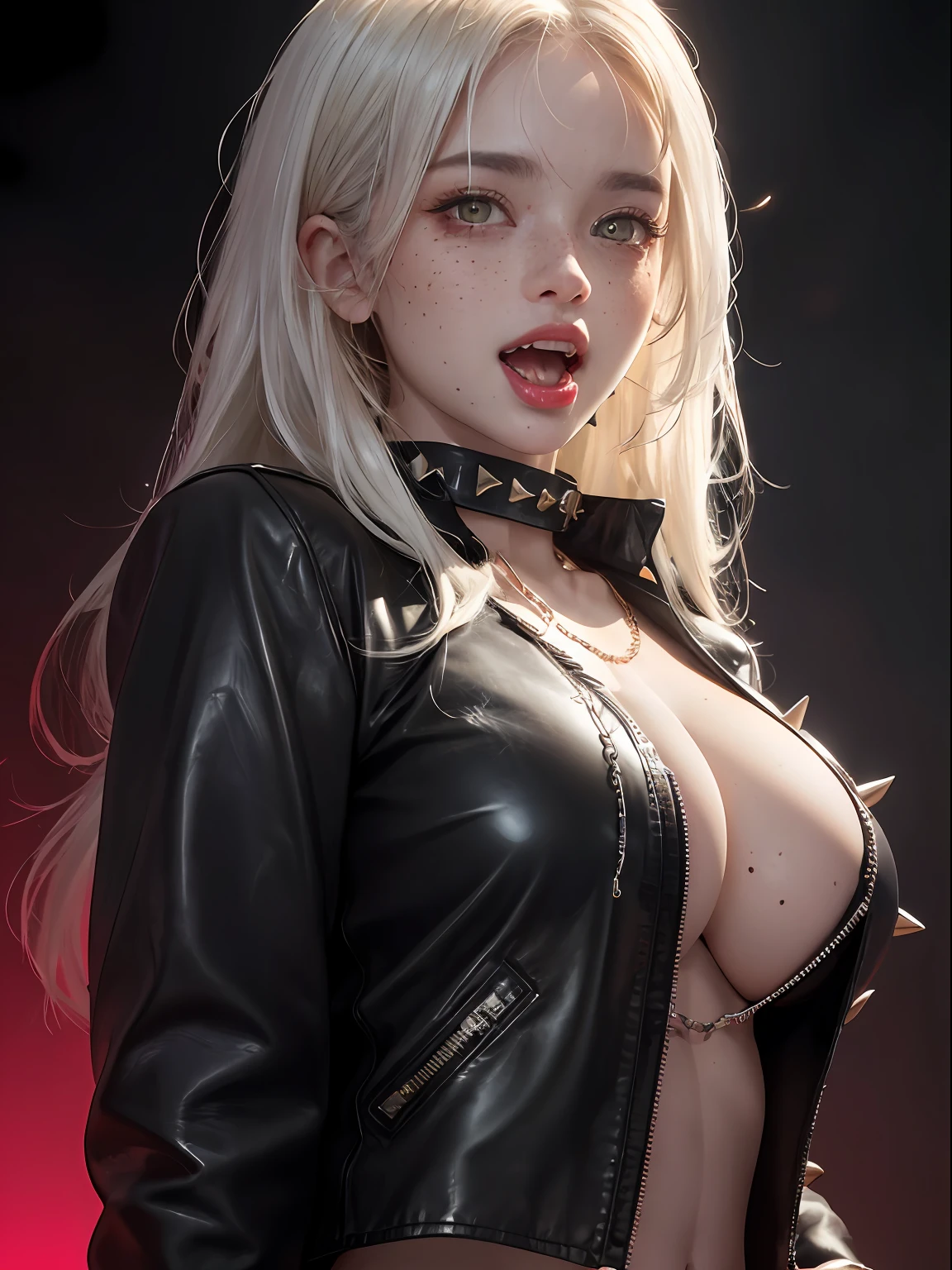 (insanely detailed, beautiful detailed face, masterpiece, best quality), white hair, ultra detailed beautiful eyes, very long hair, looking at the viewer, giant tits, busty, glowing eyes, freckles, (red infernal background), beautiful detailed glow, a lot of glow, dominant personality, hyper-realistic, perfect hand, 1-demon solo, (masterpiece, extremely_detailed_CG, 8k_wallpaper:1.2) backlight, shadow, chain leash, chained, chain, wearing spiked collar, open leather jacket in the upper body, showing boobs, demonic multitude of lights and glows, focus on tits, nsfw, naked, freckles, yellow eyes, drooling, yellow eyes, sharp teeth, open mouth, red horns, tongue, licking, saliva, fangs, tongue out,