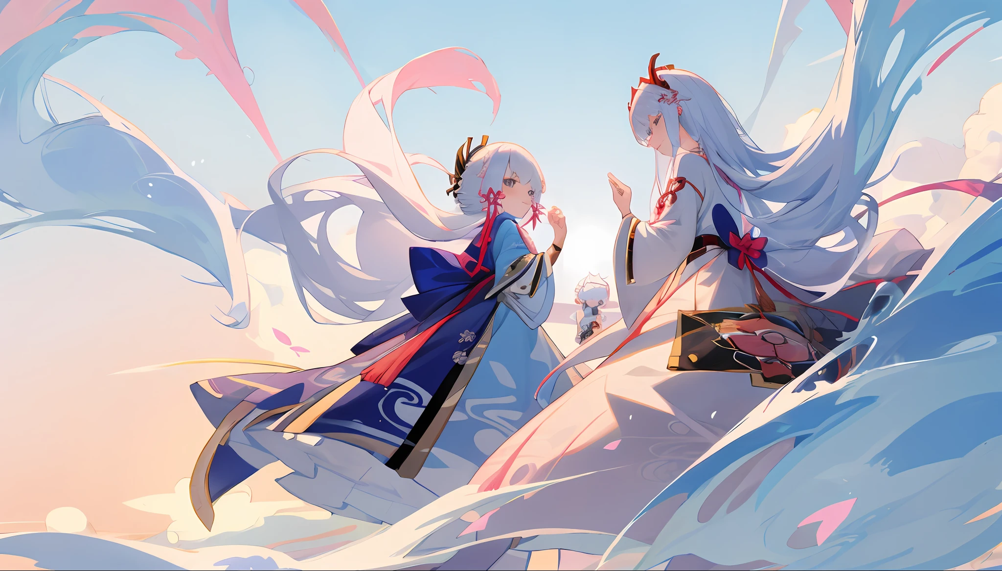 anime image of two women dressed in traditional japanese clothing in snow, palace , a girl in hanfu, wlop and sakimichan, white haired deity, characters from azur lane, anime fantasy illustration, from the azur lane videogame, genshin, artwork in the style of guweiz, onmyoji detailed art, two beautiful anime girls, mother and child