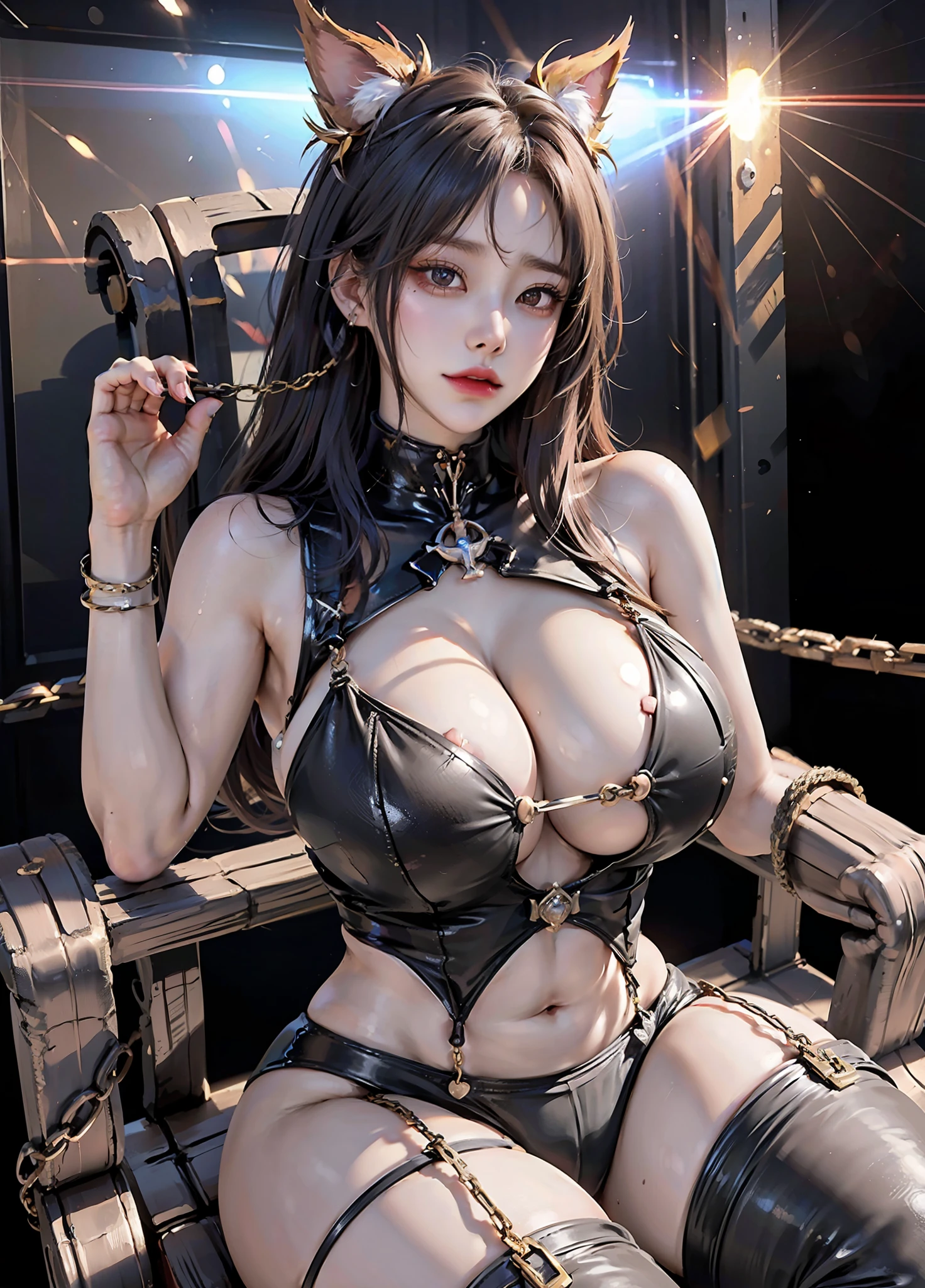 Sexy brown skin Azur Lane waifu, mega large breasts, curvy and super thick, six pack abs, strapped down in a torture chair, torture machine, chains, trapped, in a basement, held hostage, torture, electric chair, sad and crying, scared, peeing on herself, kidnapped, tight black micro bikini exposing her breasts, camel toe, diamond jewelry, Harajuku girl makeup, sexy breast indentation, aroused, sfw, one girl, solo, perfect body, perfect face, perfect hands, perfect fingers, perfect lips, perfect eyes, perfect background, perfect vibe, professional quality, 8k, perfect photography, highest resolution, 8k, ray tracing, perfect volumetric lighting, hight quality octane render, high quality vector, ultra detailed, SAW movie scene, torture room, clear skin, minimalist background, perfect skin, no abberations