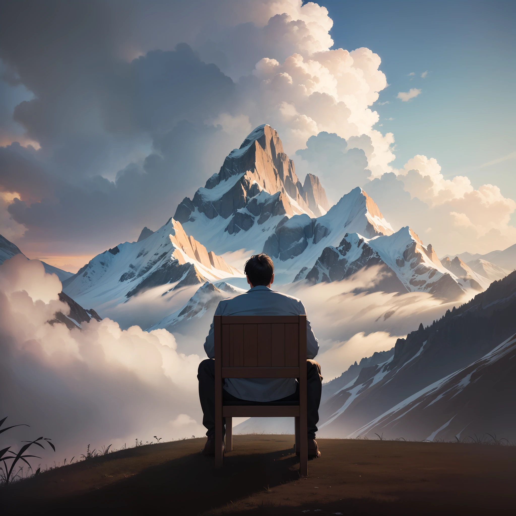 A man sit on the chair. look at the majestic mountains with cloudy sky and light