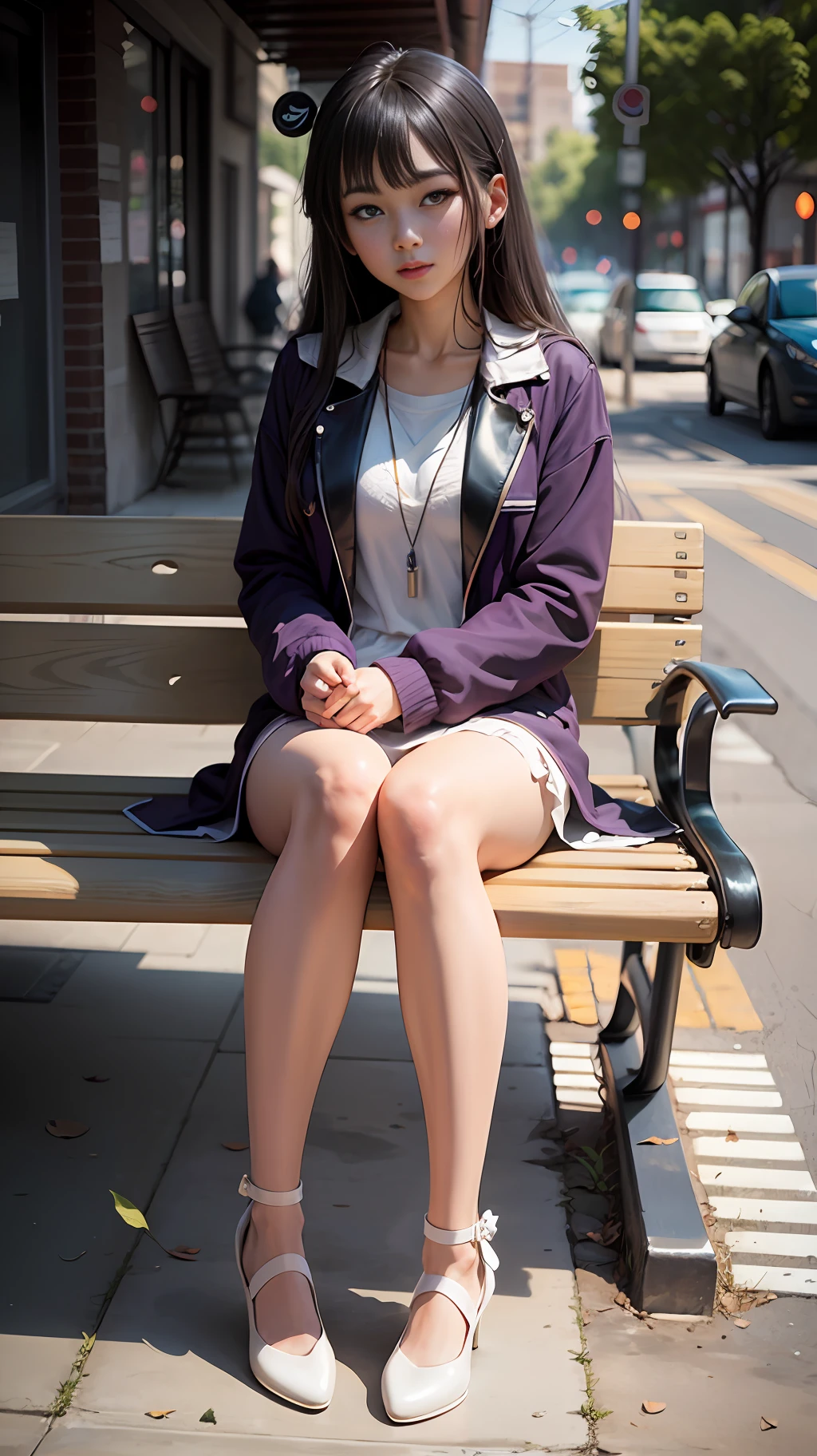 Purple long-haired anime girl sitting on bench in front of tree, beautiful anime portrait, beautiful anime girl, full body shot