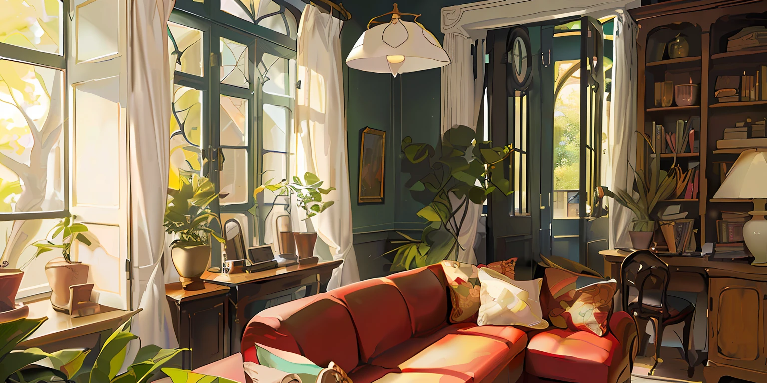 living room, sofa, window, curtains, dappled sunlight, potted plant, table, cabinet, bookshelf, paper, lamp, typewriter, garden