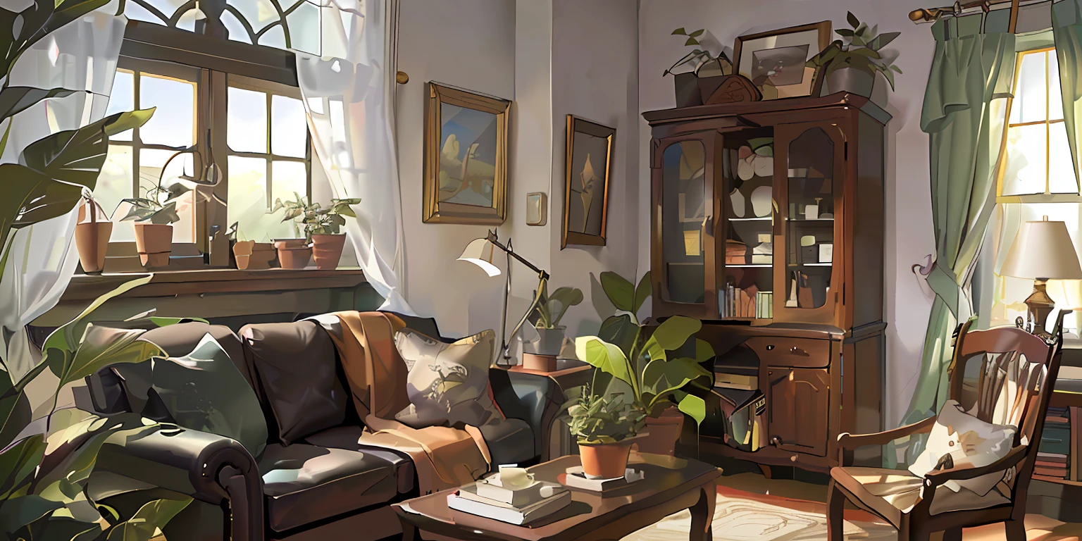 living room, sofa, window, curtains, dappled sunlight, potted plant, table, cabinet, bookshelf, paper, lamp, typewriter, garden