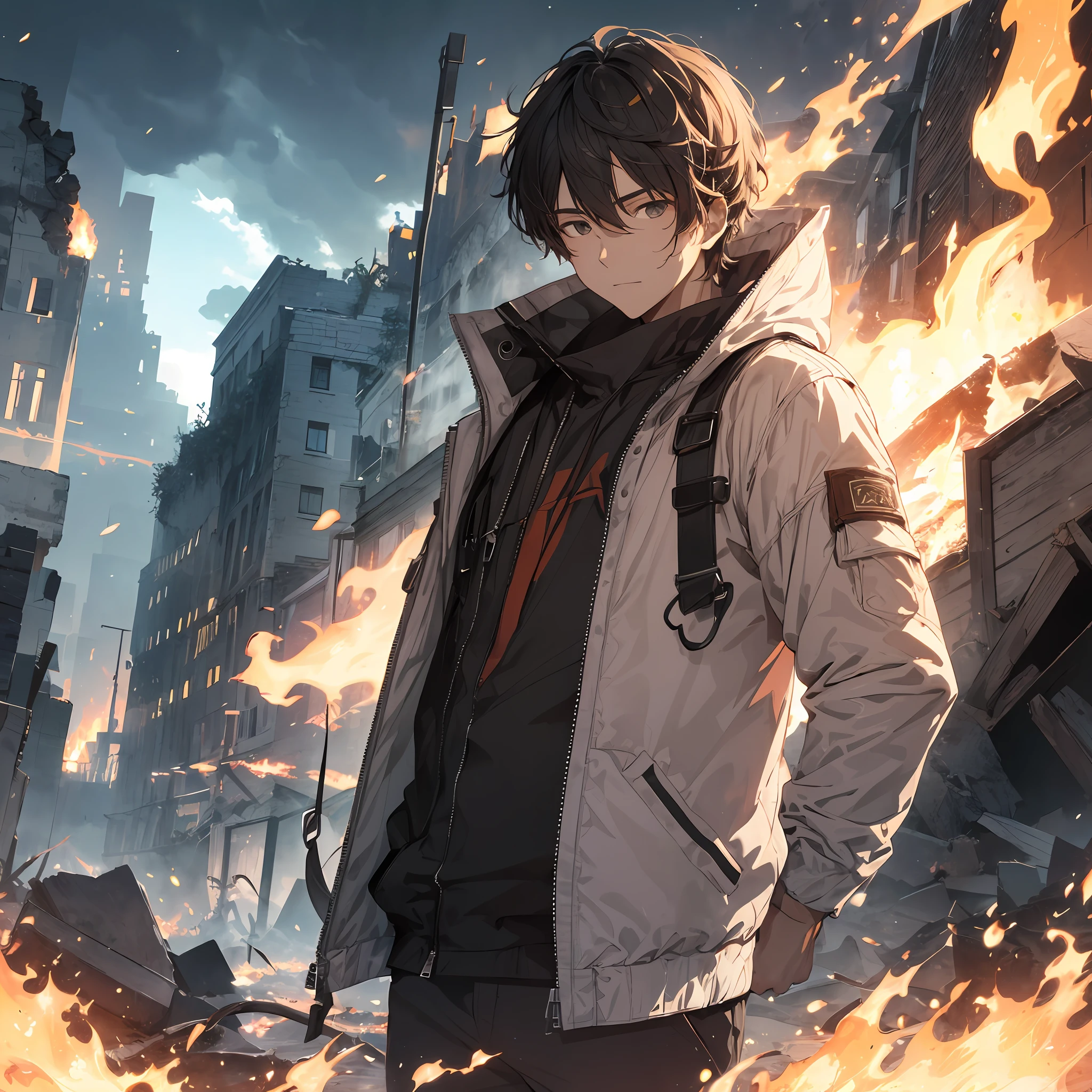 A handsome boy with clear facial features, a wide jacket, the end of the world, the soul floats away from the head, and the background is a fire burning in the desolate ruins