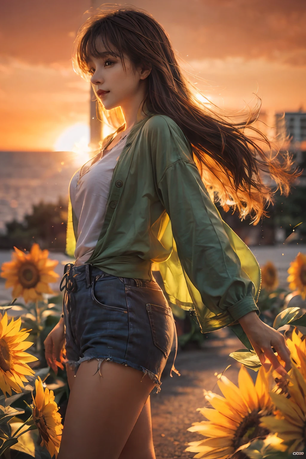 Side view, a girl in a vast sunflower plantation, wearing a green shirt and a thin cardigan, looks cheerful and happy, and at sunset, there is golden sunlight penetrating between her hair and drifting in the wind. (Masterpiece, Realistic, Best Quality): 1.4, Exquisite Photos, Intricate Details, Ray Tracing, High Resolution CG, Ultra Detail, 8k Wallpaper, Unity, Art Station, DSLR, High Resolution Photography, Best Shadows, Cinematic Light, Full Body Shot, Good Fingers, Big Eyes,