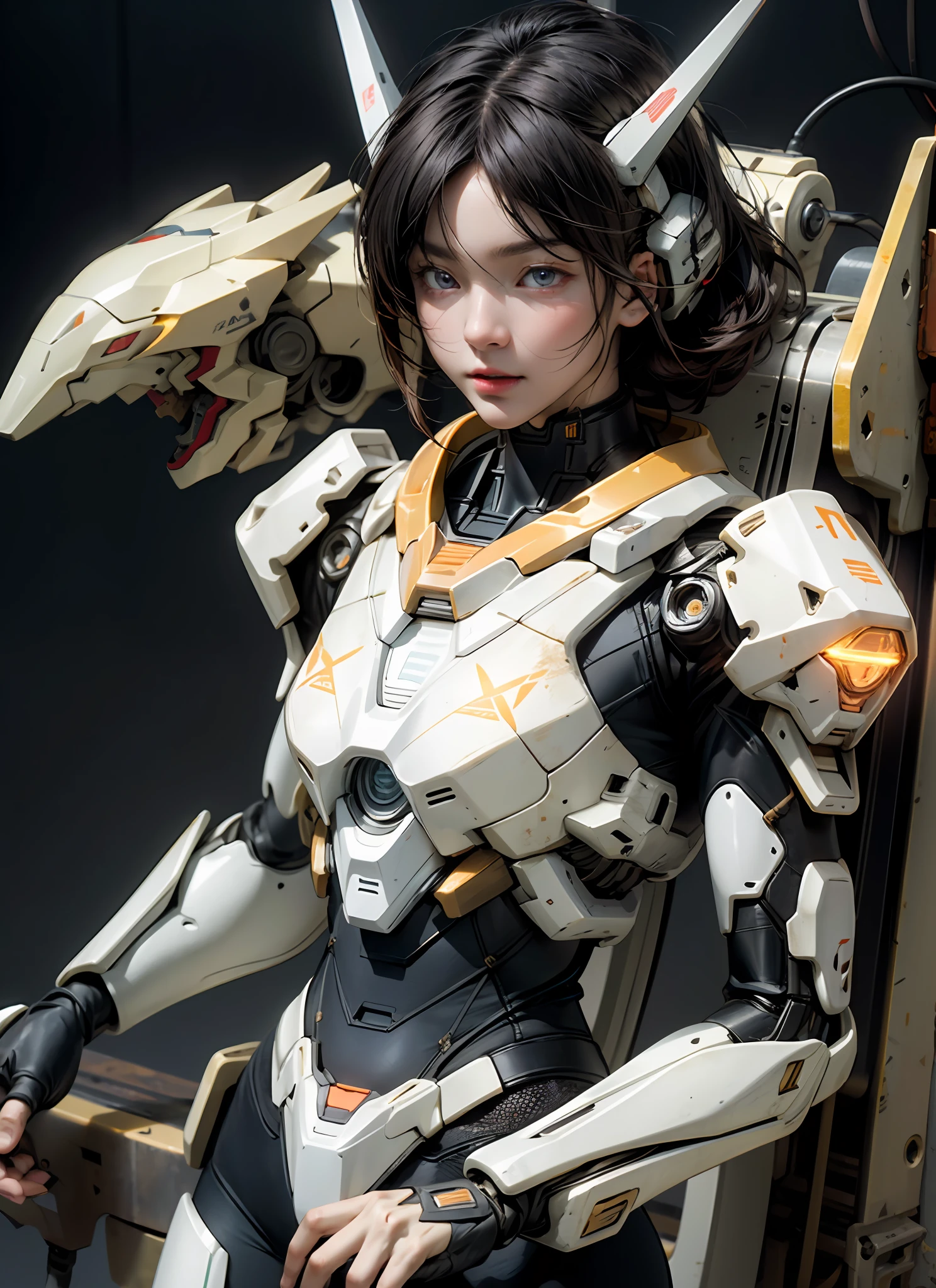 Top Quality, Masterpiece, Ultra High Resolution, (Photorealistic: 1.4), Raw Photo, 1 Girl, Black Hair, Glossy Skin, 1 Mechanical Girl, (Ultra Realistic Detail)), Portrait, Global Illumination, Shadows, Octane Rendering, 8K, Ultra Sharp, Big, Cleavage Exposed Raw Skin, Metal, Intricate Ornament Details, Japan Details, Very intricate details, realistic light, CGSoation trend, purple eyes, glowing eyes, facing the camera, neon details, mechanical limbs, mechanical, standing, wires and cables connecting to the head, gundam, small LED lamps, neon light, 1 Mecha, sharp eyes, human mouth, mecha body, mechanical body, gundam suit,, great hair