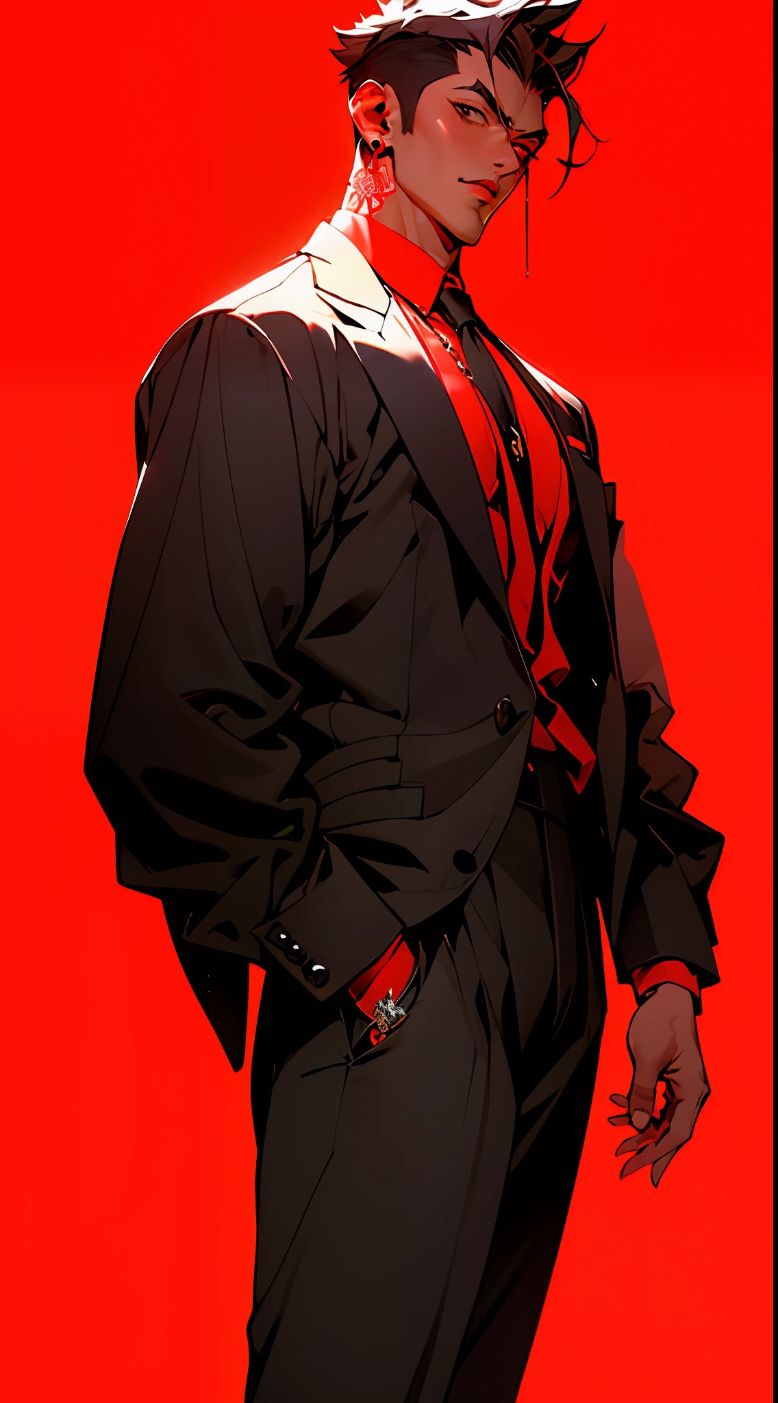 ((Masterpiece, Extreme Quality, Gangster Aesthetics)), 1 Boy (22 years old), Super Handsome Tattoo (Ruffian), Shun Oguri (1.5) (Nakayama suit), dark red background, white skin, super cool pose