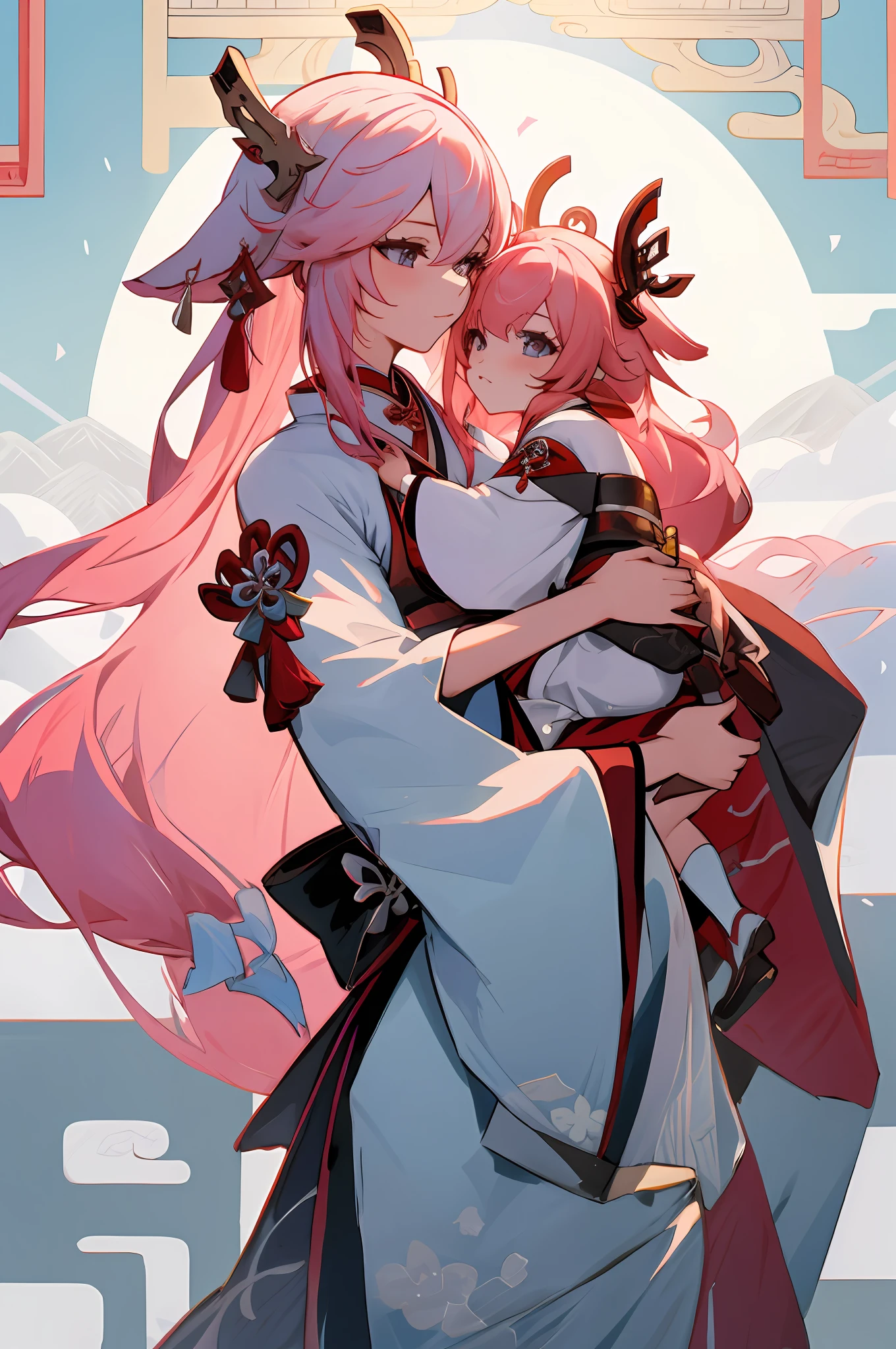 anime image of two women dressed in traditional japanese clothing in snow, palace  a girl in hanfu, wlop and sakimichan, white haired deity, characters from azur lane, anime fantasy illustration, from the azur lane videogame, genshin, artwork in the style of guweiz, onmyoji detailed art, two beautiful anime girls, pink hair, mother and child