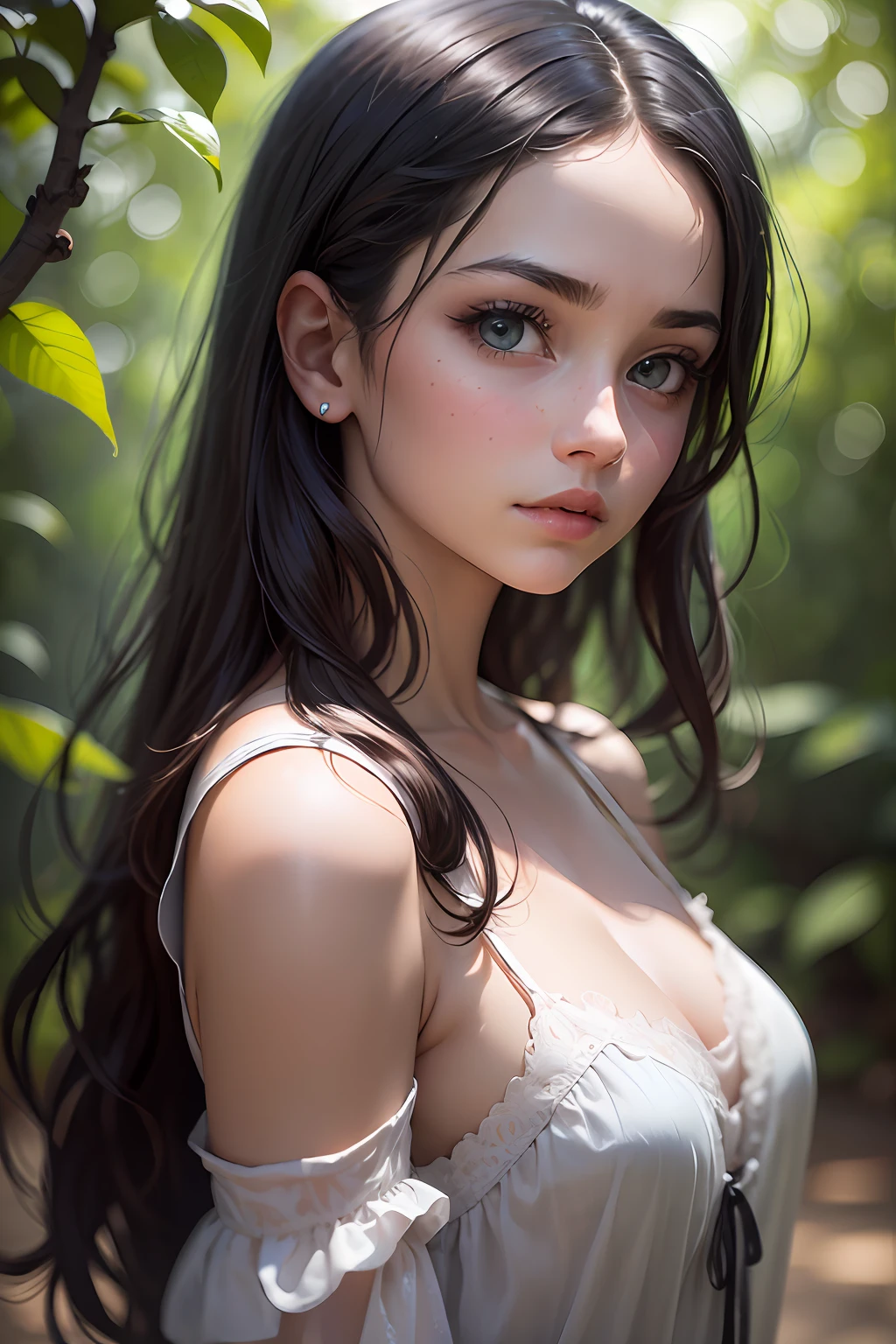In this captivating image, a lone young girl takes centre stage, captivating the viewer with her presence. She stands in a picturesque outdoor setting, surrounded by lush vegetation and bathed in soft golden light. Her black hair cascades over her shoulders, framing her face, while her bewitching blue eyes shine with depth and intrigue. Tilting her head slightly, she looks directly at the viewer, her expression conveying a mixture of confidence and vulnerability. The emphasis is on her striking features and natural beauty, expertly captured in this hyper-realistic, high-resolution portrait. The background is deliberately slightly blurred, accentuating the focus on the young girl and adding depth to the composition. This photographic masterpiece captures both the outer and inner essence of the young girl, leaving the viewer captivated by her presence. The image will be rendered in a 9:16 format, allowing for a vertical composition that highlights the stature and presence of the young girl
