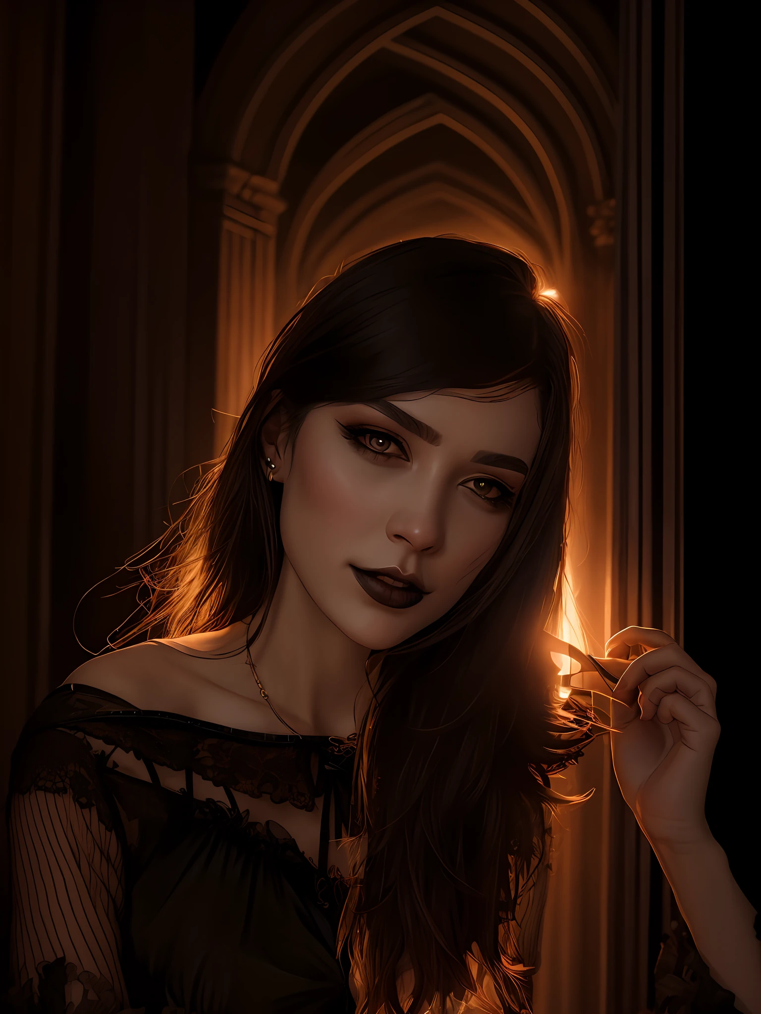 Thin, (Best Illustration), 8k Resolution, Intricate Details, Best Quality, Realistic, Ultra Detailed, Best Lighting, Best Shadows, Ultra HD, A Gothic Woman, Night, Magic, Dark Style, Soft Rogue, Highly Detailed Gothic Lace Clothing, Normal Eyes, Iris Black Colored Eyes, Normal Eyes