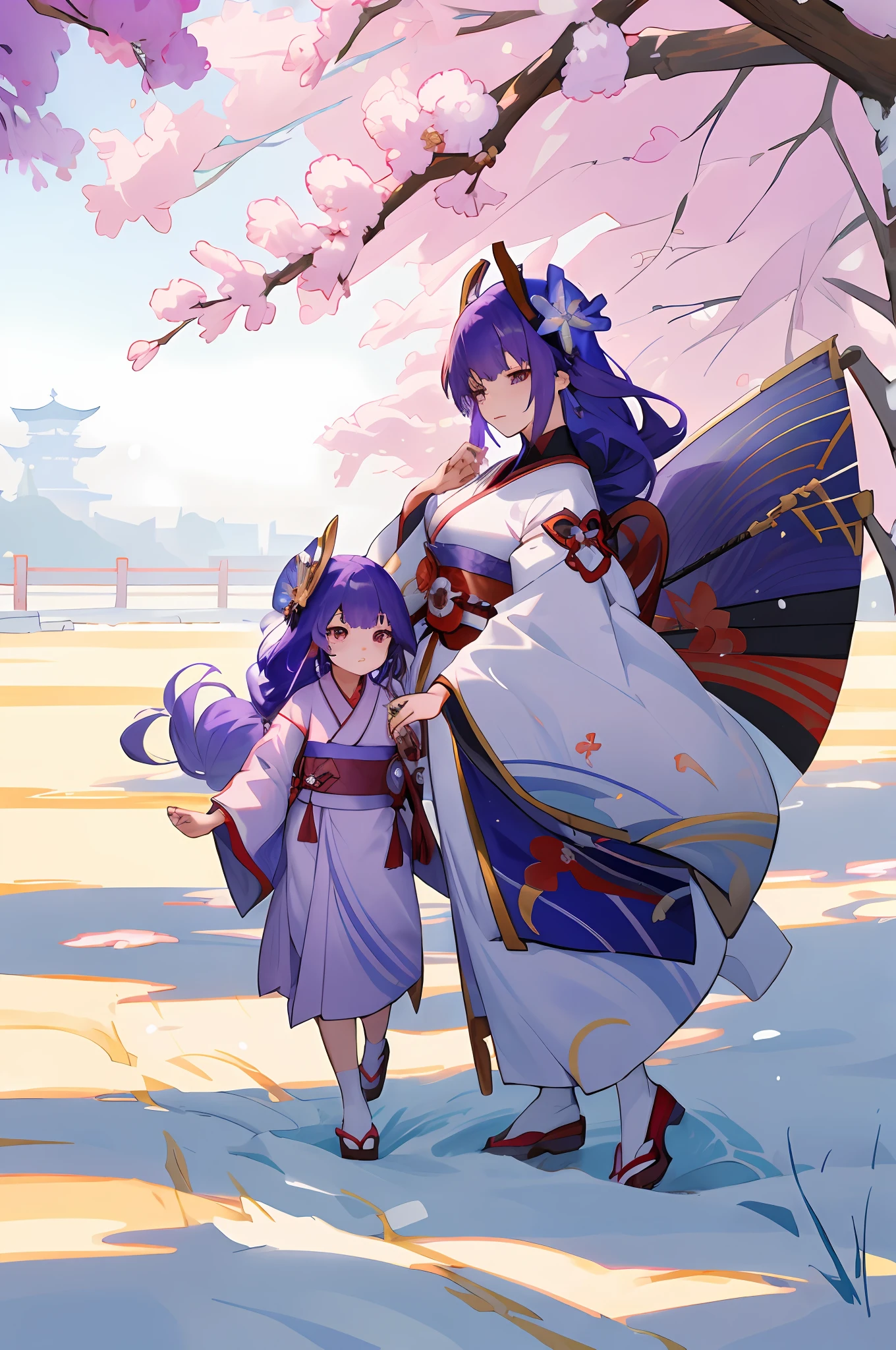 anime image of two women dressed in traditional japanese clothing in snow, palace  a girl in hanfu, wlop and sakimichan, purple haired deity, characters from azur lane, anime fantasy illustration, from the azur lane videogame, genshin, artwork in the style of guweiz, onmyoji detailed art, two beautiful anime girls, mother and child