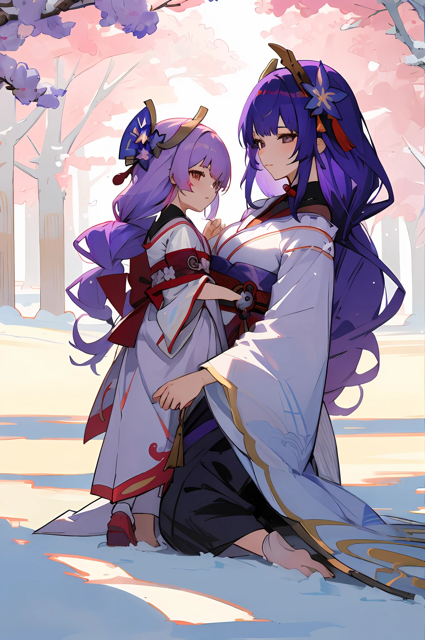 anime image of two women dressed in traditional japanese clothing in snow, palace  a girl in hanfu, wlop and sakimichan, purple haired deity, characters from azur lane, anime fantasy illustration, from the azur lane videogame, genshin, artwork in the style of guweiz, onmyoji detailed art, two beautiful anime girls, mother and child