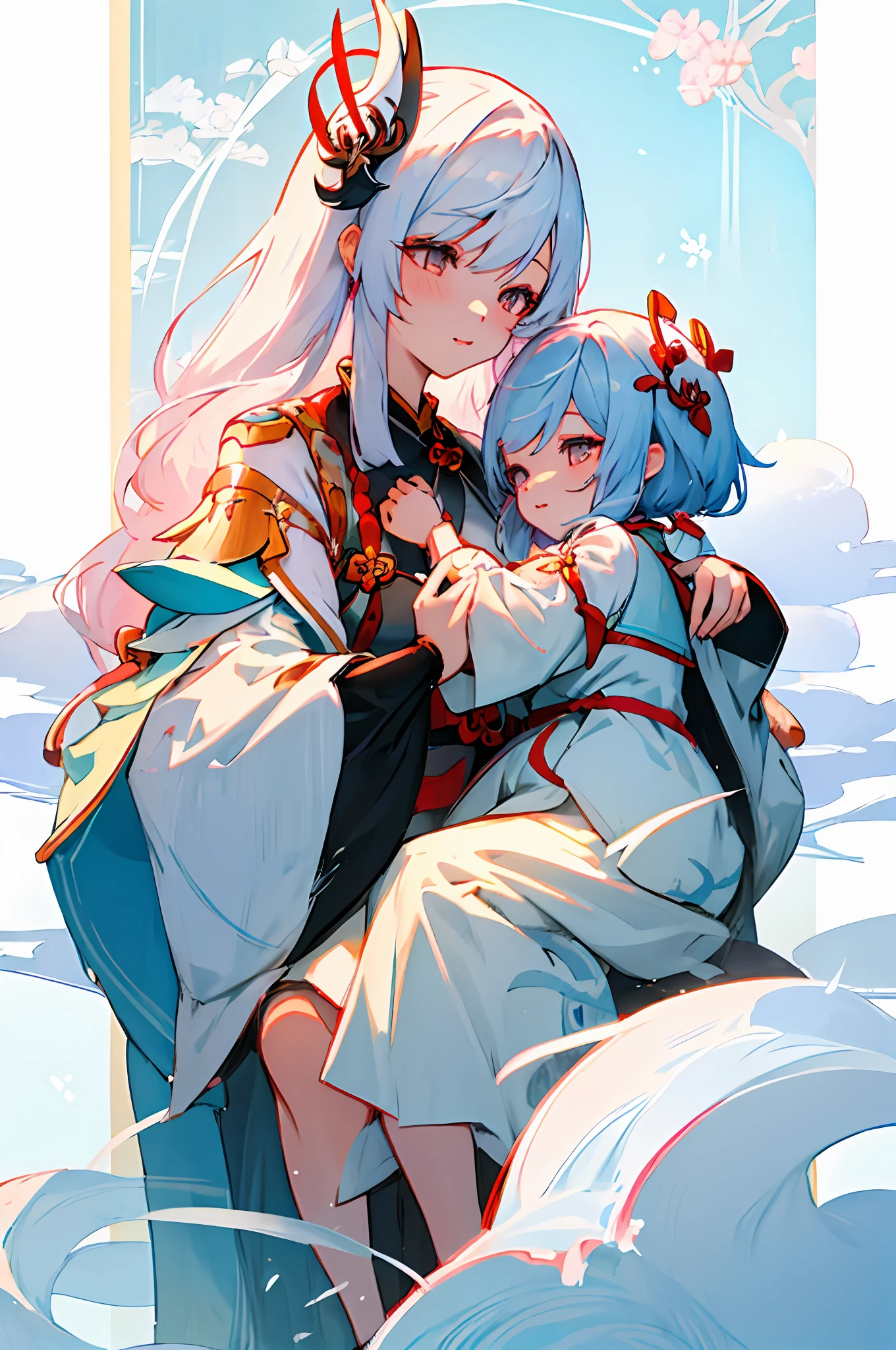 anime image of two women dressed in traditional japanese clothing in snow, palace  a girl in hanfu, wlop and sakimichan, white haired deity, characters from azur lane, anime fantasy illustration, from the azur lane videogame, genshin, artwork in the style of guweiz, onmyoji detailed art, two beautiful anime girls, mother and child, symbol of maternal love, mother and child, such as photos of mother and child