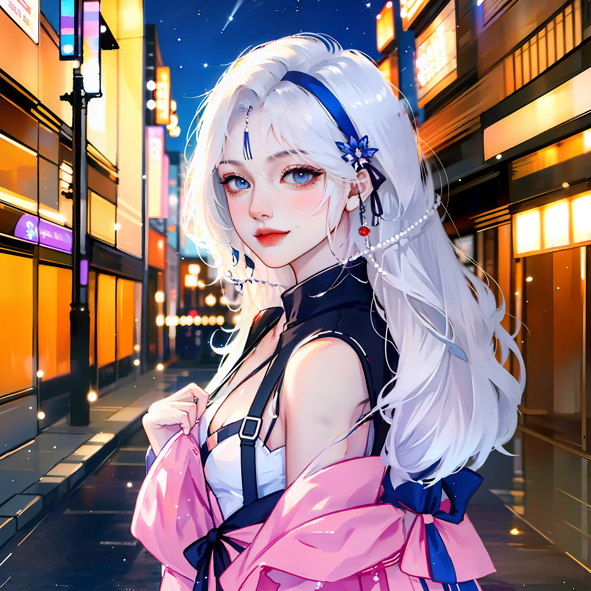 The protagonist is a young girl with short white hair that is neatly tied together by a blue headband. Her eyes were bright blue, almost like stars in the night sky. She wears a black and white Japanese JK uniform, which is both simple and elegant, highlighting her tall figure and royal sister style. She stands in the middle of the sidewalk, with a bright red sports car parked on her left and a mighty black German shepherd on her right, looking around warily.

It was night, and the warm light from the street lamps hit the girl's face, making her fair skin even more attractive. She looked up at the streetlamp with a mysterious smile on her face, as if she was thinking about an unknown adventure. The surroundings were quiet and serene, only the breeze blowing gently between her short hair and the corners of her uniform.