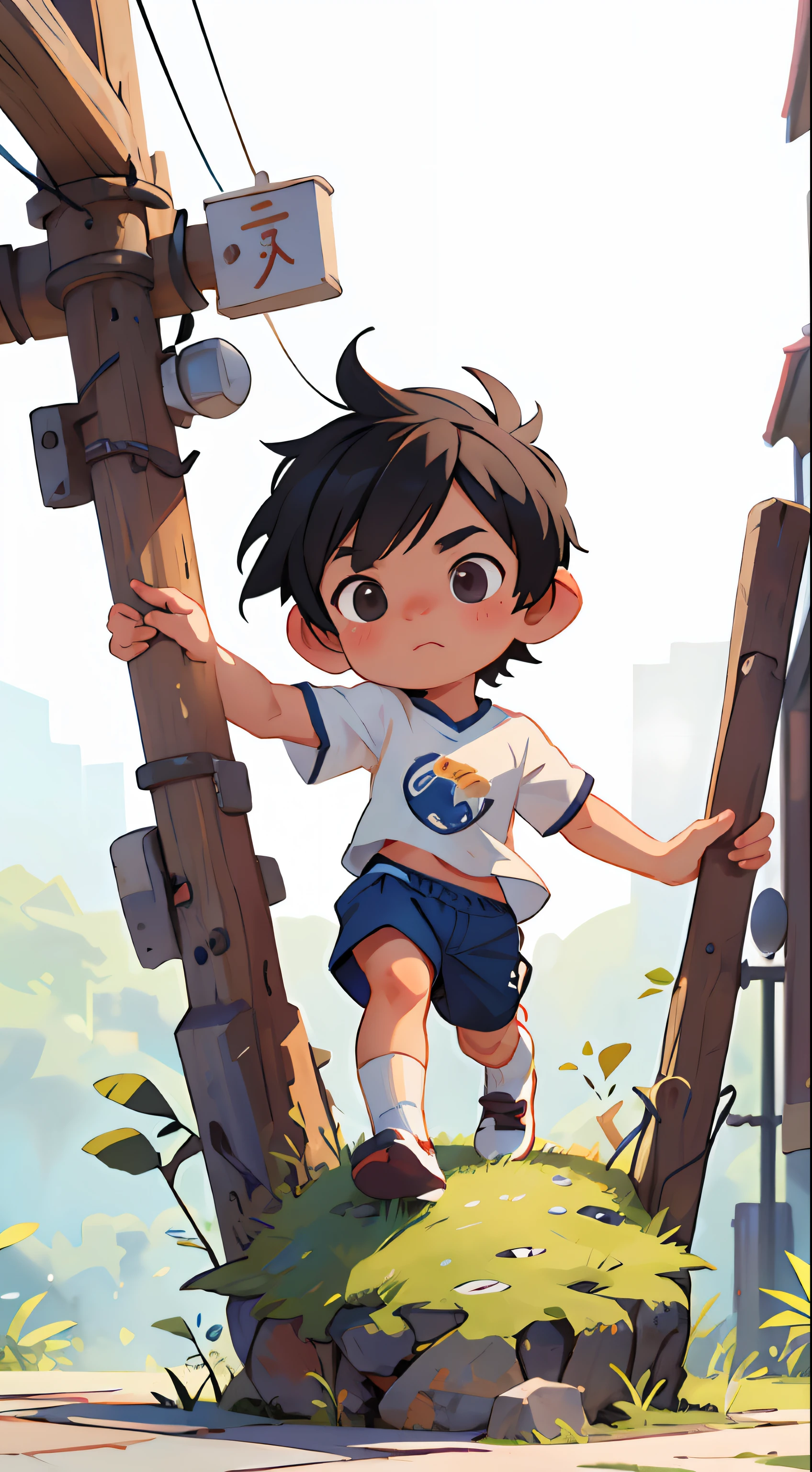 raw, 8k, masterpiece, complex background, best quality, best quality, super detailed, illustration, (1 little boy: 1.2), train, black eyes, black hair, white short sleeves, blue shorts, white socks, round face, Chinese, full body