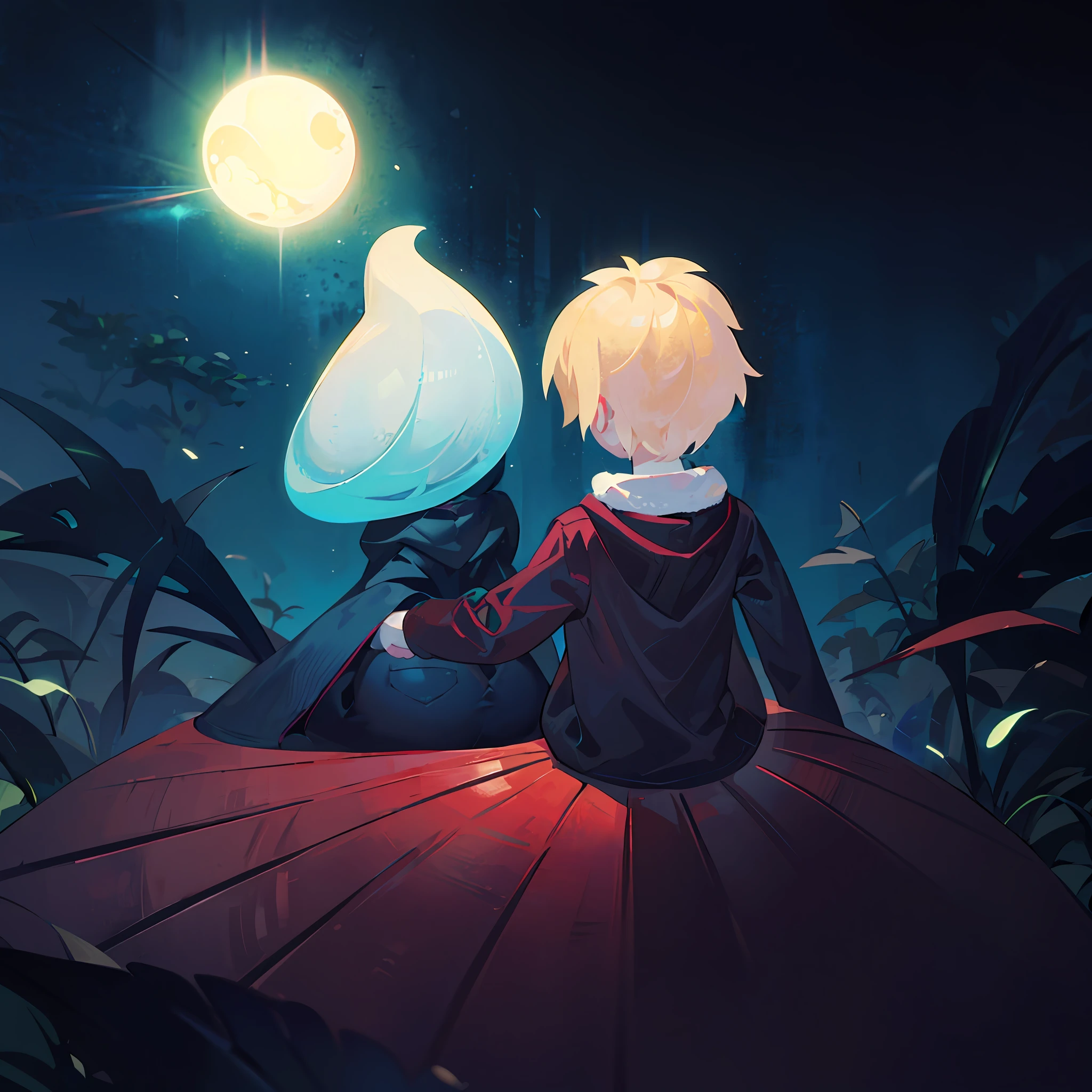 At night there is a man and a woman sitting on the spherical grassy slope looking at the deep bushes in front of them, the trees emit a pale blue light, illuminating the two of them, forming edge light, character backlight, the style of the game "Light Encounter", John Egbert, 2D rendering, blur and dream illustration, 2D illustration, 2D illustration, it is luminous, omori, blurry and dreamy illustration, illustration! , no gradient, inspired by Goro Fujita, calm night, digital illustration, clear details of grass, clear details of clothes,