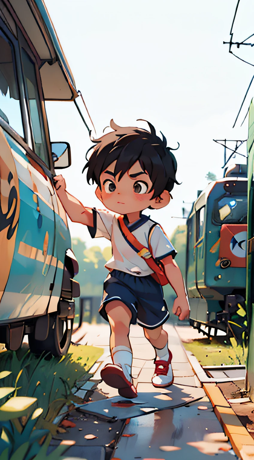 raw, 8k, masterpiece, complex background, best quality, best quality, super detailed, illustration, (1 little boy: 1.2), train, black eyes, black hair, white short sleeves, blue shorts, white socks, round face, Chinese, full body