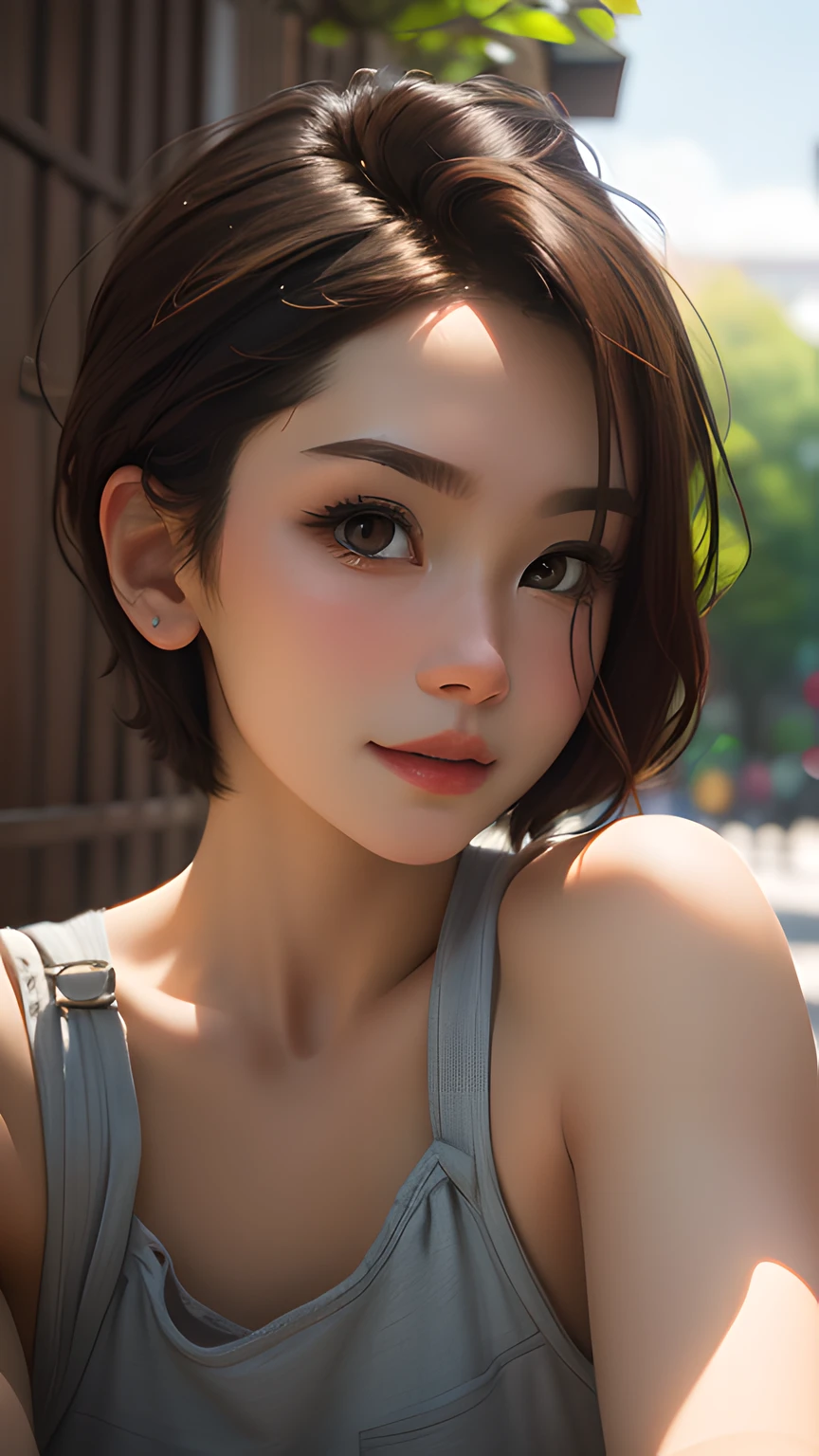 (8K, RAW, Professional, Best Quality, Masterpiece: 1.2, Ultra Detail, (Portrait), (Highest Detail Face: 1.2), 1 Girl, Dynamic Angle, Short Hair, Outdoor, Look at Viewer, Front Light.)