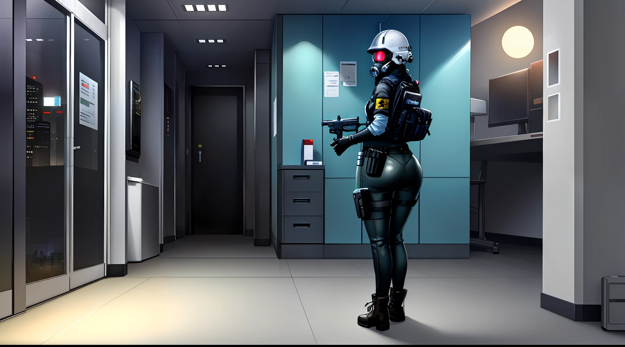 solo, wide hips, ass, small breasts, curvy, thick thighs, techwear, tight clothes, mature woman, tactical gear, holding weapon, blue camo, 1girl, (blue eyes), glowing eyes, military uniform, smg, submachine gun, assault rifle, pistol, pistol holster, bulletproof vest, shoulder armor, vest collar, belt, grenade belt, tool belt, chest rig, gas mask, military, cyberpunk, ghost in the shell, night, stars, moon, tower, skyscraper, city, sci fi, dystopia, tablet, helmet, combine soldier, pouches, gloves, combat boots, radio, street, garbage on street, armband, science fiction, indoors, office, office cubicle, aiming weapon, city night, billboards, corporate, paper pile, computers, laptop, keyboard, cubicle, windows, dark room, mood lighting, (full body:1.3), (extremely detailed CG unity 8k wallpaper),(masterpiece), (best quality), (ultra-detailed), (best illustration),(best shadow),  8k, super detail, ccurate, best quality, UHD, dog tag, night sky, doors, tables, water cooler, pointing gun, pointing weapon, hallway, lamps, lightswitch