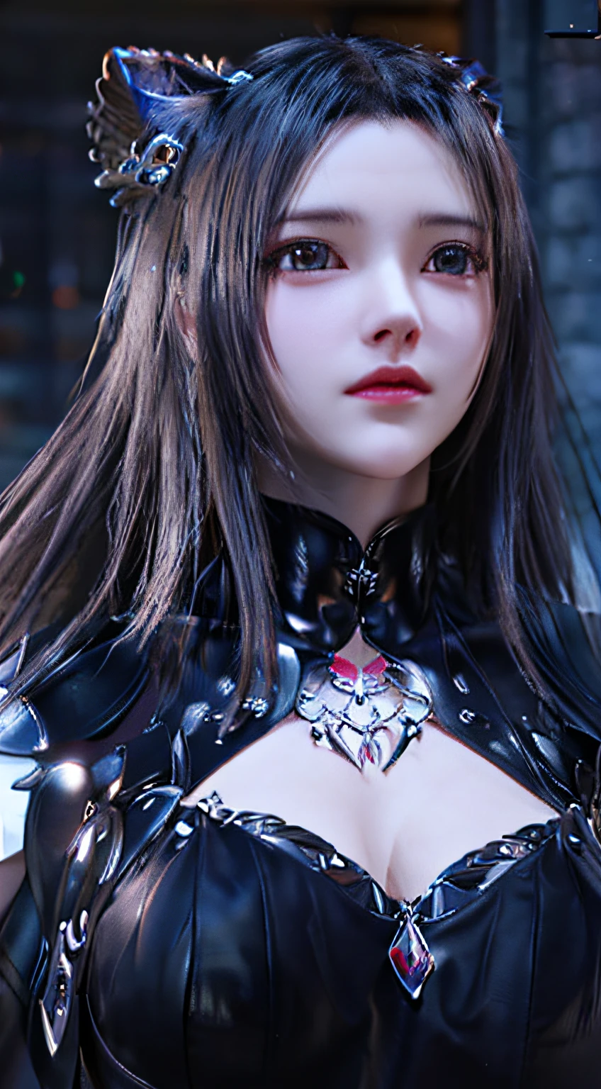 Close-up of a cat-eared woman in a black dress, 8K high quality detail art, 3D rendered character art 8 K, 4K detail fantasy, game CG, Artgerm; 3D Unreal Engine, smooth anime CG art, wearing shiny breastplates, ultra-detailed fantasy characters, 8K art bacteria bokeh, portrait of Tifa Lockhart,