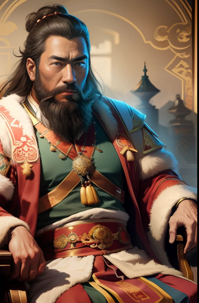 a mongol king named timur of ancient mongolia, in traditional dress, with beard, sharp eyes and strong jawline, sitting in his throne, 8k, hyperrealistic, cinematic