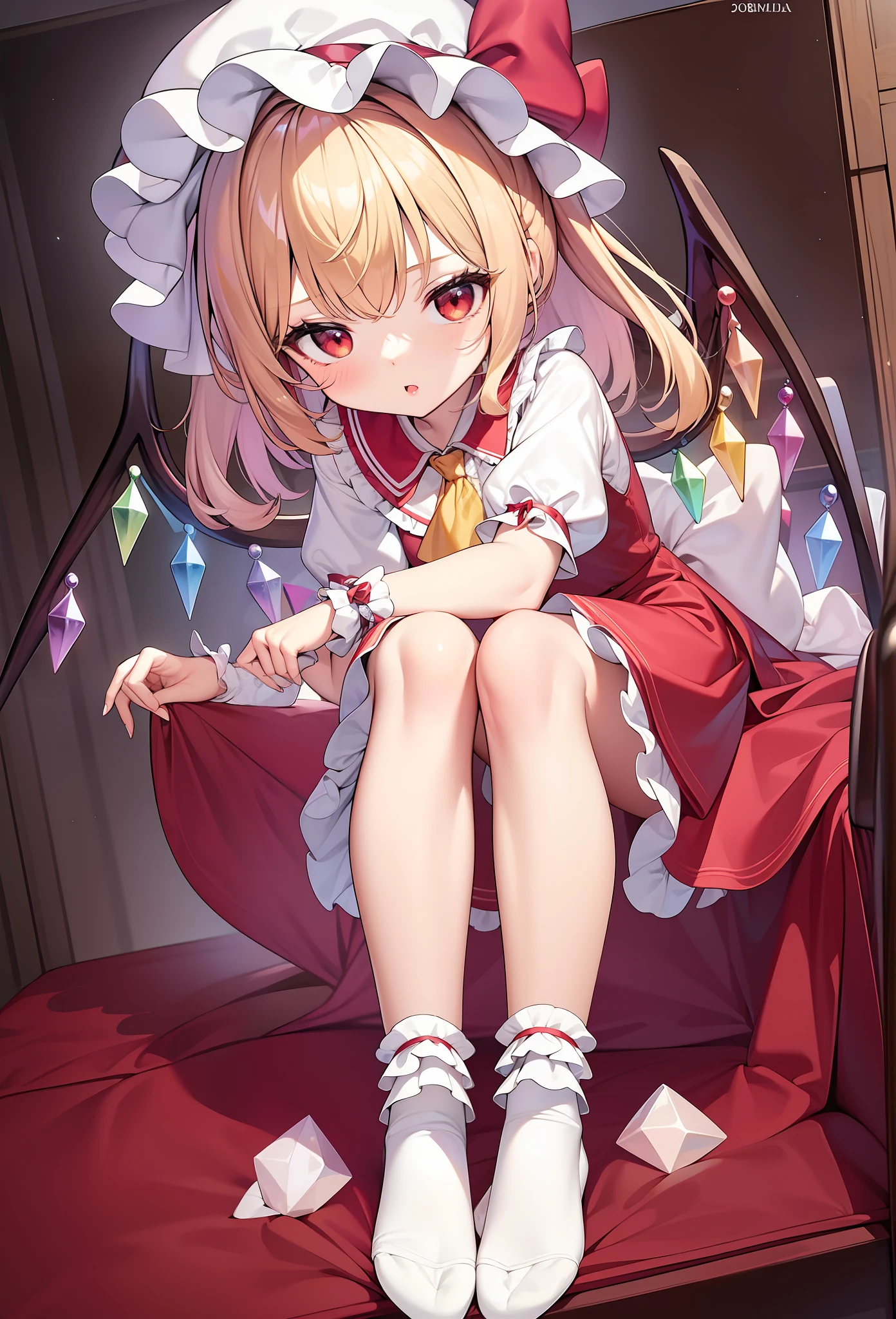 anime girl sitting on a bed with a red blanket and a red bow, splash art anime loli, anime visual of a cute girl, loli in dress, cute anime waifu in a nice dress, small curvy loli, from touhou, small loli girl, the anime girl is crouching, anime moe artstyle, cute anime girl, portrait of magical girl 1girl,ankle_socks,ascot,blonde_hair,bobby_socks,bow,crystal,full_body,hands_up,hat,hat_bow,hat_ribbon,knees_up,looking_at_viewer,mob_cap,no_shoes,one_side_up,parted_lips,puffy_short_sleeves,puffy_sleeves,red_bow,red_eyes,red_ribbon,red_skirt,red_vest,ribbon,shirt,short_sleeves,side_ponytail,simple_background,sitting,skirt,skirt_set,socks,solo,vest,white_background,white_headwear,white_legwear,wings,yellow_ascot,yellow_neckwear,flandre_scarlet