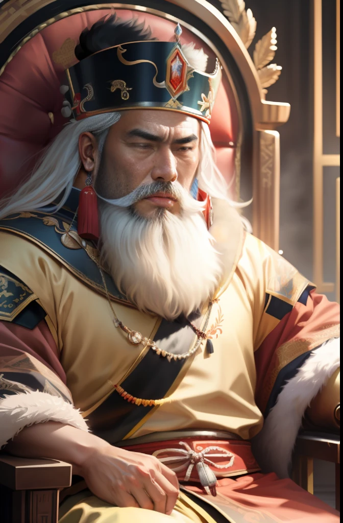 a mongol king named timur of ancient mongolia, in traditional dress, with beard, sharp eyes and strong jawline, sitting in his throne, 8k, hyperrealistic, cinematic