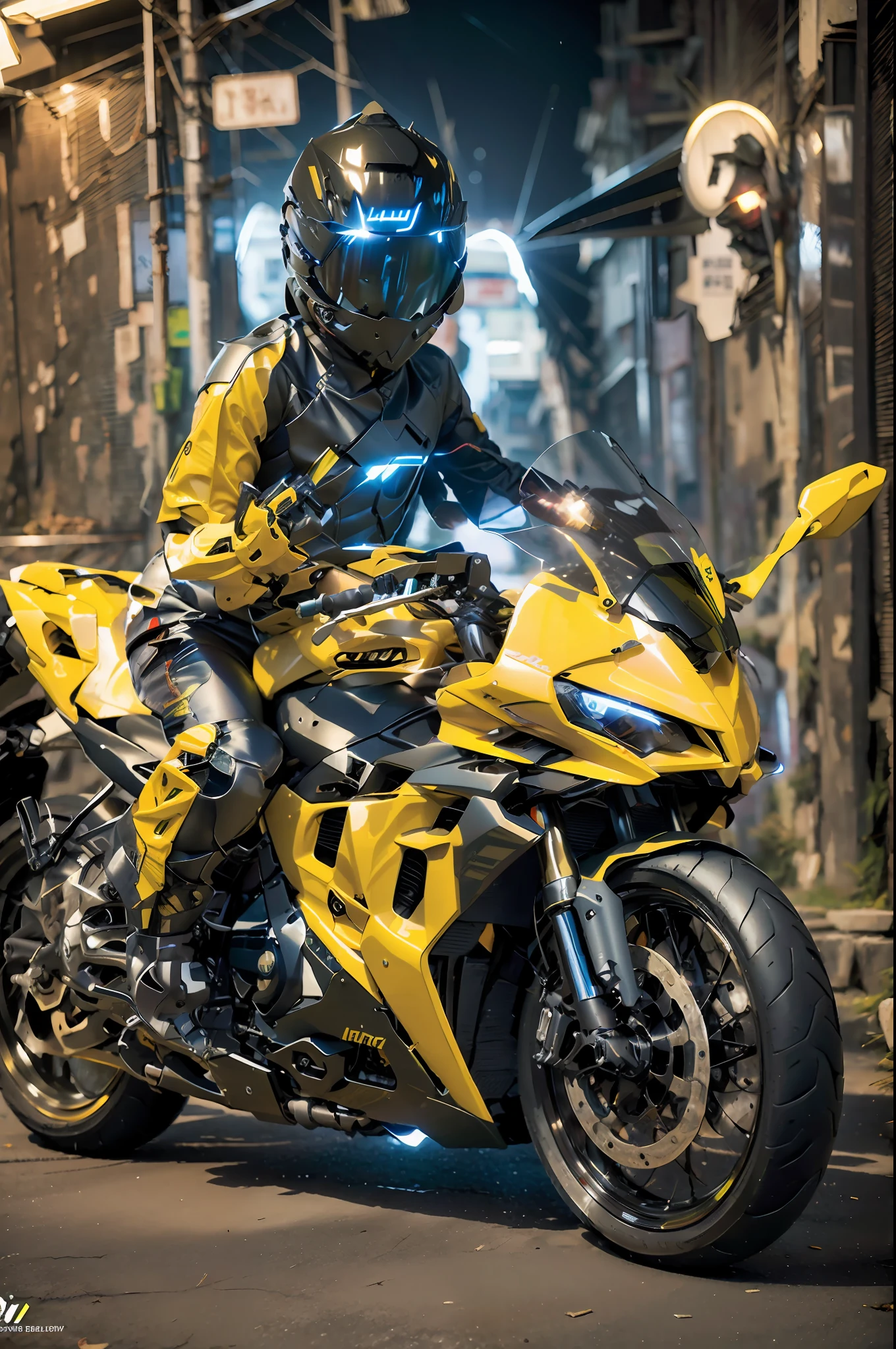 Boy on a motorcycle, wearing a helmet, cool, mecha style, with headlights on, fluorescent yellow embellishment