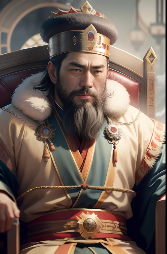a mongol king named timur of ancient mongolia, in traditional dress, with beard, sharp eyes and strong jawline, sitting in his throne, 8k, hyperrealistic, cinematic