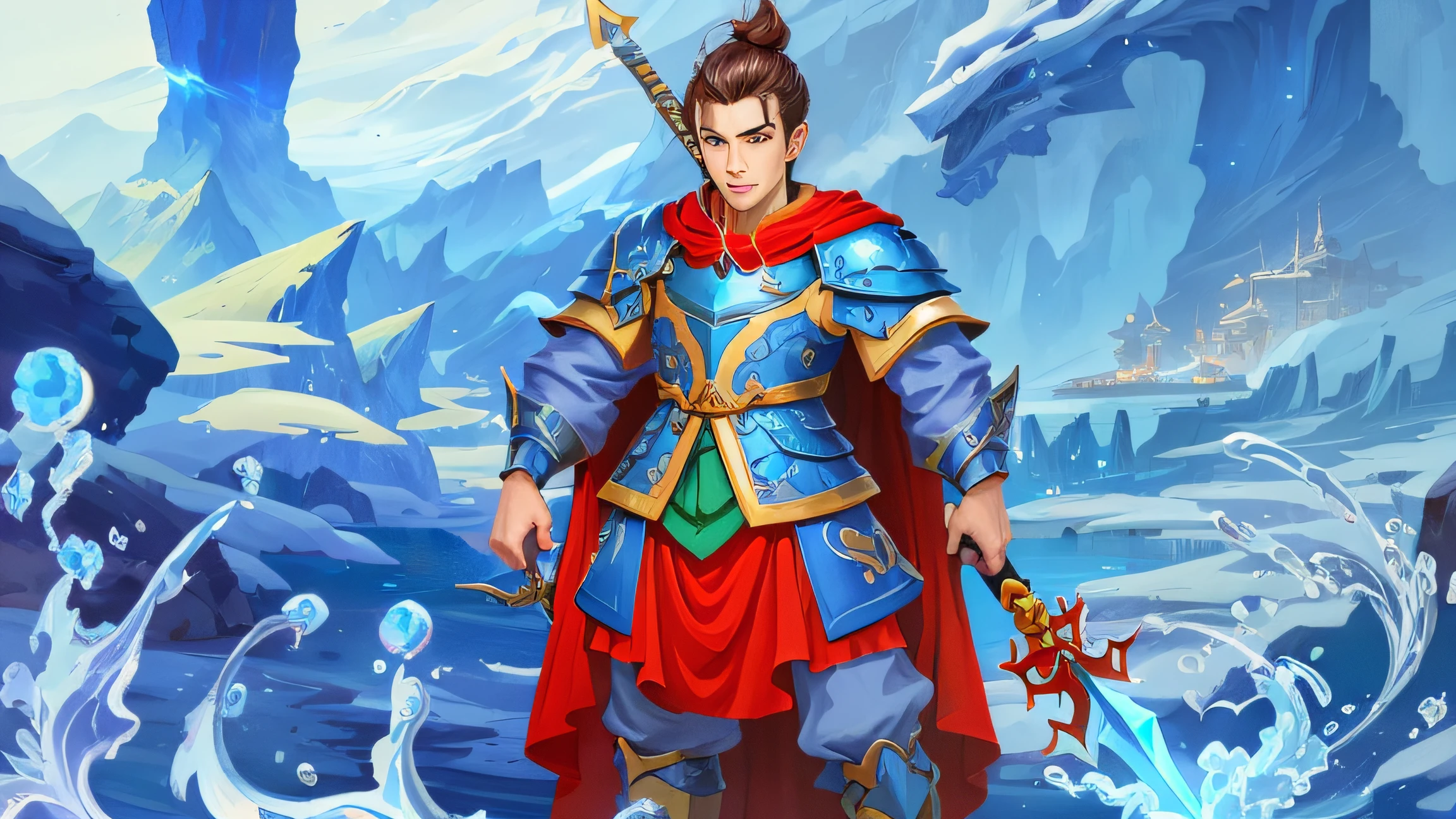 Cartoon illustration, a man holding a sword in a blue and red costume, Ice Master, Water Armour, Ice Mage, inspired by the Yellow God, Atlantean Warrior, Ice Lord, inspired by Kan Li, fairy hero, legendary god with a spear, Alsen Lupin as a paladin, hero character art