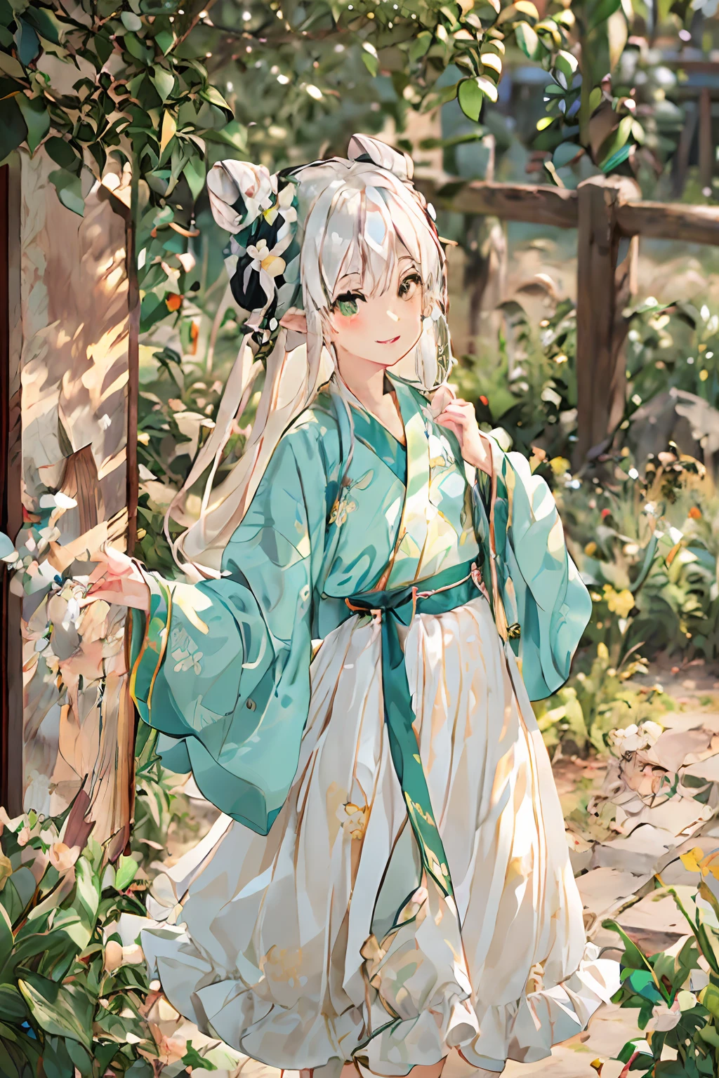 masterpiece, best quality, extremely detailed, detailed background, detailed face, anime, illustration, 1girl, (white hair, hair buns, very long hair, wavy hair, messy hair:1.3), green eyes, pointy ears, parted lips, smile, blush, light rays, sunlight, glow, shiny, long upper shan, waistband, pibo, chest po skirt, upper body, tang style outfits, jumping, child, small girl,hanfu,tang style