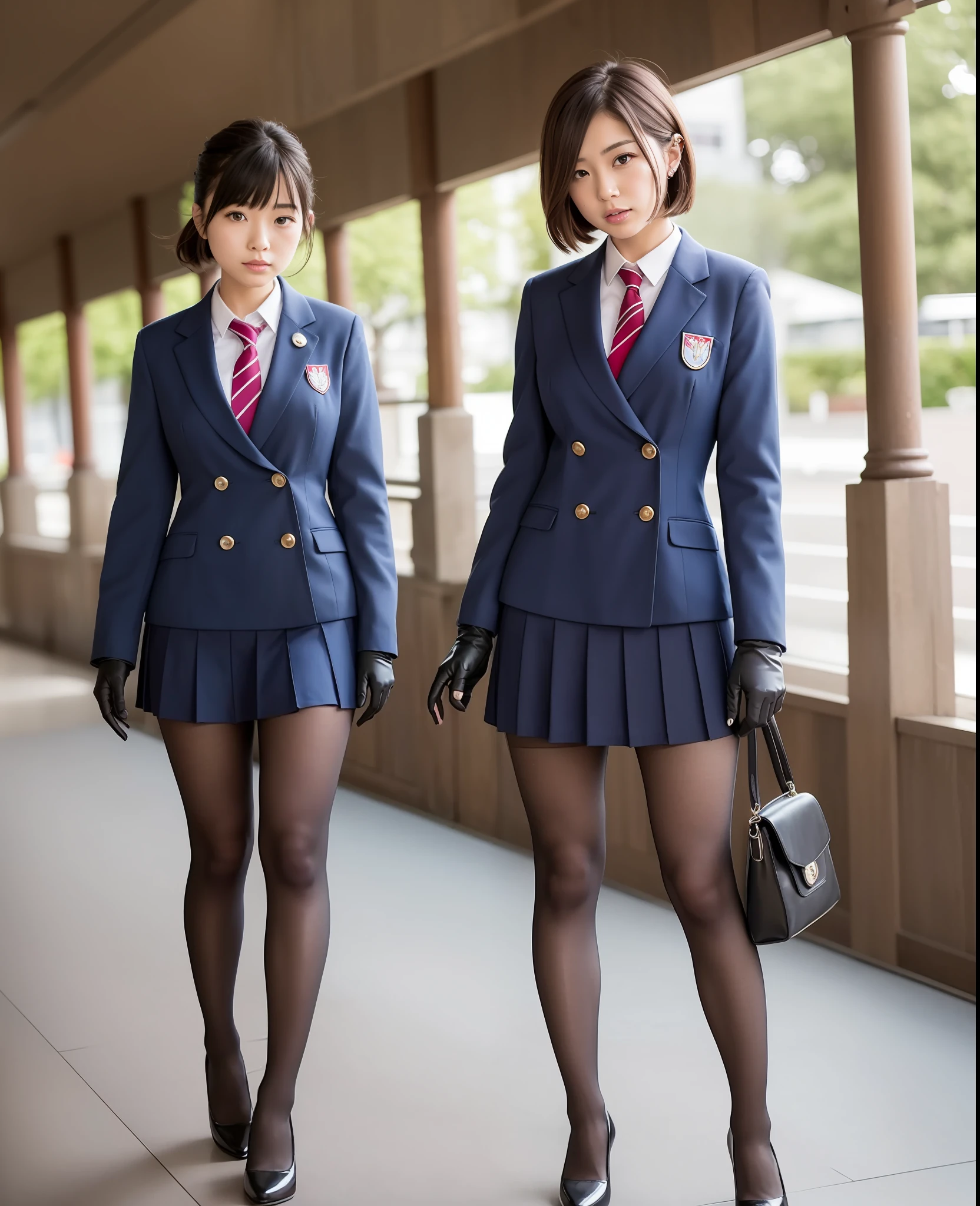 Japan pretty girl, (real, hi-res: 1.4), 1 girl, (natural light), (more face, more hair, more skin), (medium breasted), (mouth open: 1.1), big eyes, slender, legs, medium hips, full body shot, standing, short hair, (school uniform: 1.2), (pantyhose: 1.4),(gloves:1.4),collar