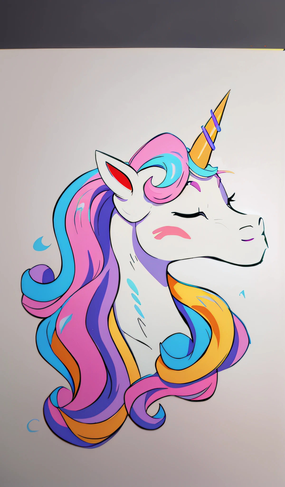 there is a drawing of a unicorn with a long mane, unicorn, a unicorn, unicorn horn, full color drawing, unicorns, white unicorn, inspired by Lisa Frank, portrait of a lisa frank, pastel coloring, color drawing, a mythical creature, 😃😀😄☺🙃😉😗, riding a unicorn, colored drawing, in style of lisa frank, colored in