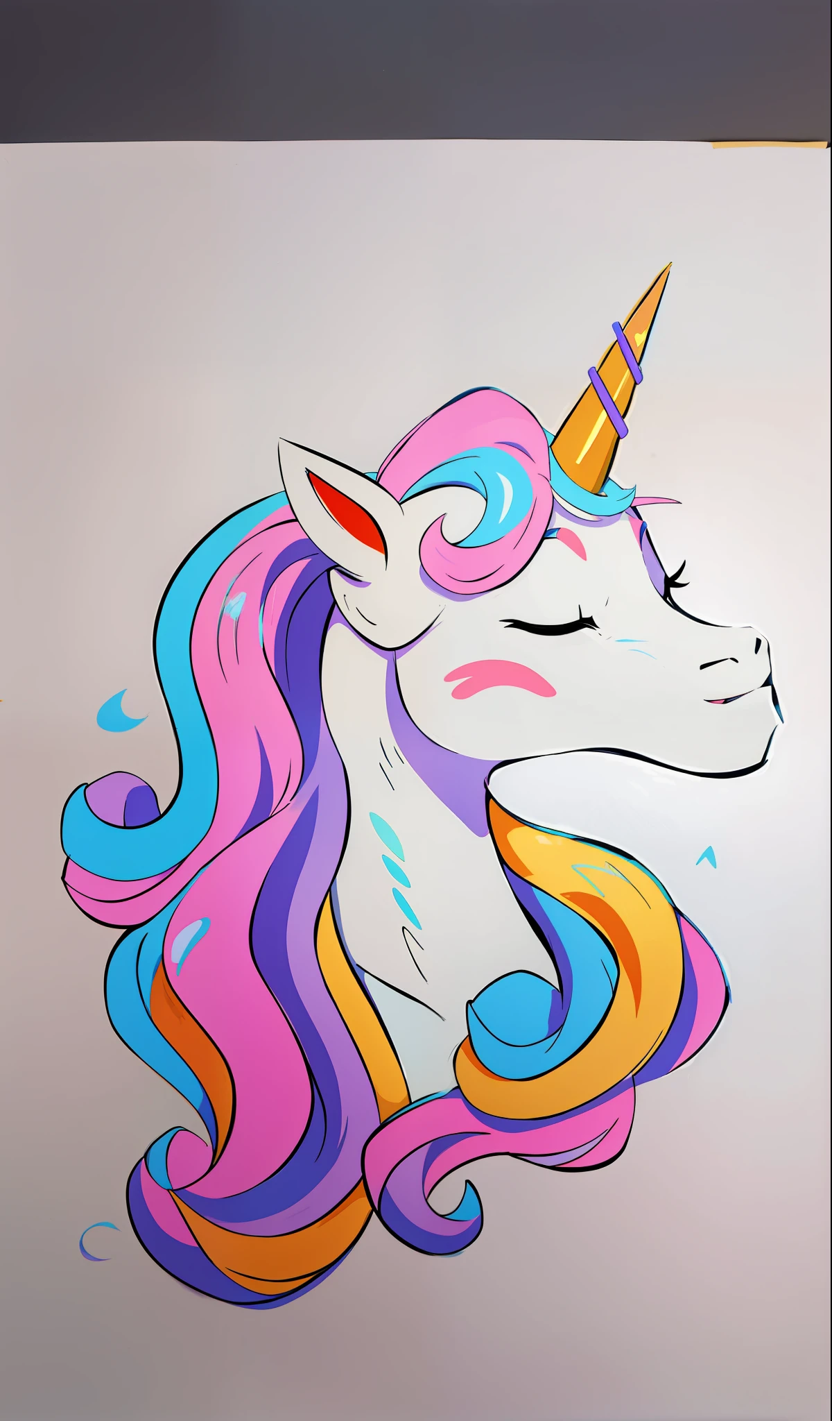 there is a drawing of a unicorn with a long mane, unicorn, a unicorn, unicorn horn, full color drawing, unicorns, white unicorn, inspired by Lisa Frank, portrait of a lisa frank, pastel coloring, color drawing, a mythical creature, 😃😀😄☺🙃😉😗, riding a unicorn, colored drawing, in style of lisa frank, colored in