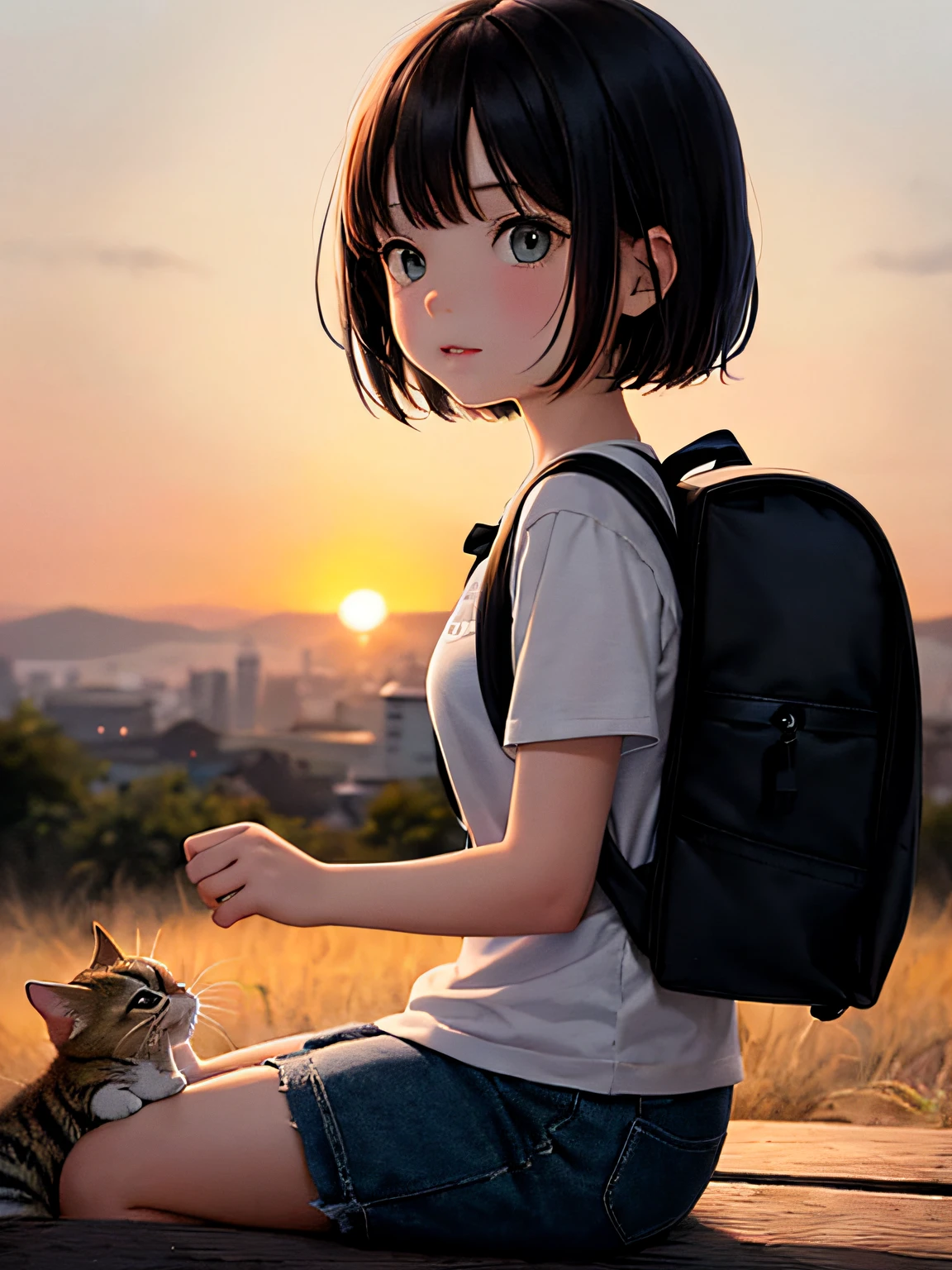 A very charming little girl with a backpack sitting holding her cute kitten, on the roof, facing the audience with the sunset behind and two fighting puppies in front. The illustration is a high-definition illustration in 4K resolution with highly detailed facial features and cartoon-style visuals