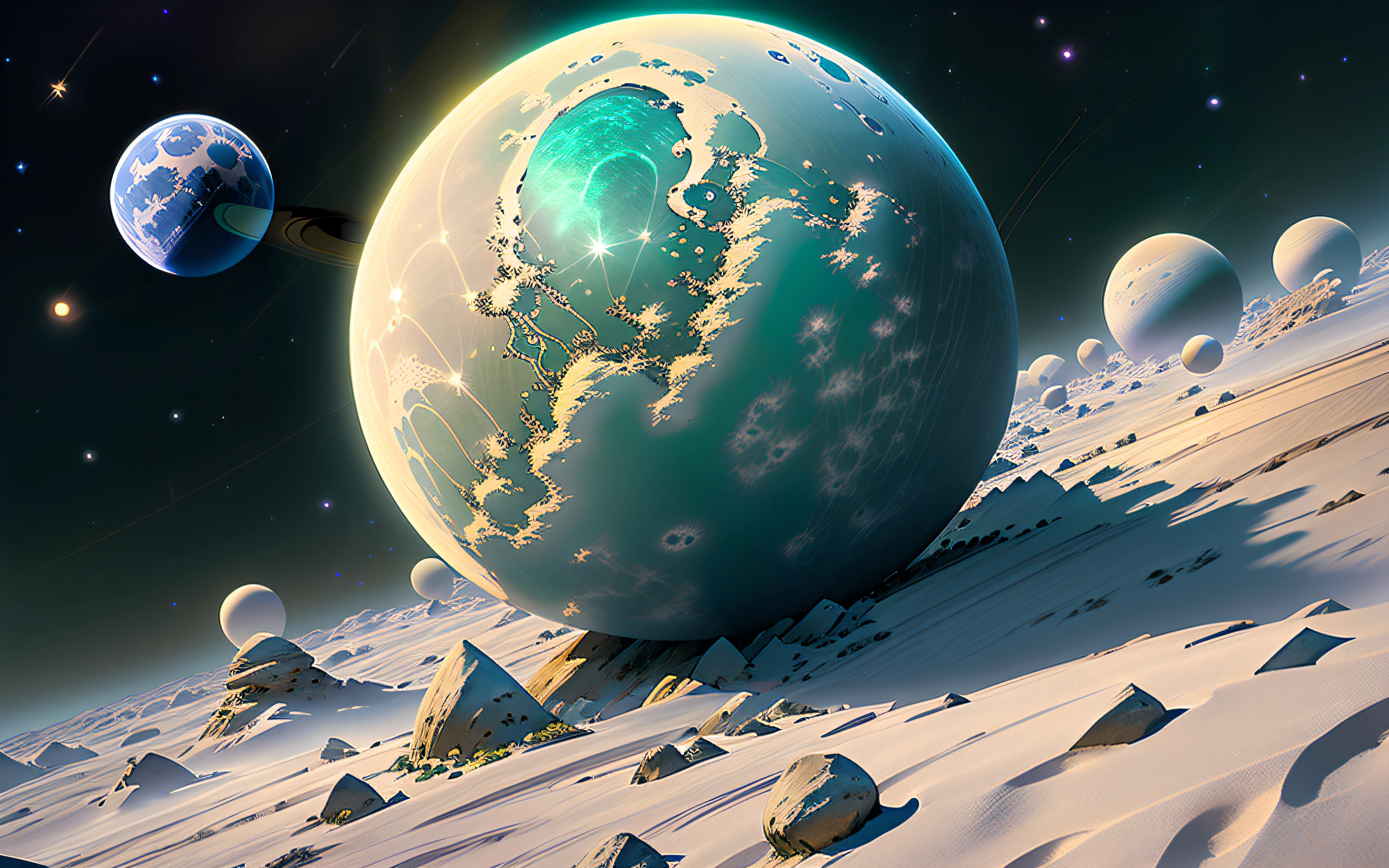 Green moon, planet Saturn anthill, glowing stars background, sphere shape, game design, high resolution, fantasy magic 3