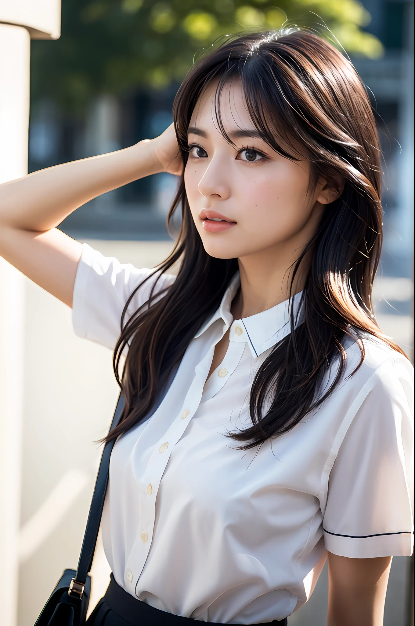 (Masterpiece: 1.3), (8k, Photorealistic, RAW Photo, Best Quality: 1.4), (1girl), Shallow depth of field, Face in focus, Soft focus, Beautiful face, (Backlight: 1.5), (Ambient: 1.3), (Realistic Face), (Black hair, Medium Short: 1.3), Hair with gentle waves, Hair that flutters and spreads in the wind, Back hair spread in the wind, short bangs, realistic eyes, dark brown eyes, highlights in pupils, beautiful detail eyes, (plenty of natural light), (realistic skin), beautiful skin, (blouse with white collar), watch, small handbag, bright solid color pale wall surface and sky background, absurdity, attractive, ultra high resolution, ultra-realistic, high definition, golden ratio, close-up angle walking on commuting time, The gesture of brushing up the hair with the hand