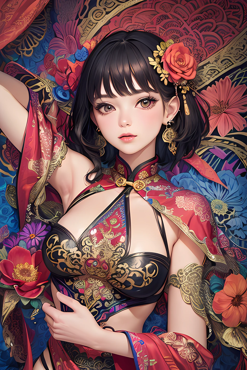 (masterpiece, top quality, best quality, official art, beautiful and aesthetic:1.2), (1girl:1.3), extremely detailed,(fractal art:1.1),(colorful:1.1)(flowers:1.3),highest detailed,(zentangle:1.2), (dynamic pose), (abstract background:1.3), (chinese Traditional cloth:1.2), (shiny skin), (many colors:1.4), ,(earrings:1.4),