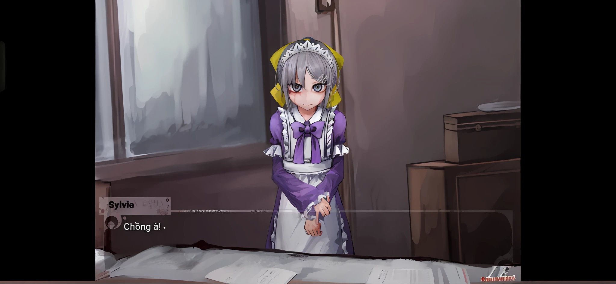 anime girl in purple dress standing in front of a window, anime girl in a maid costume, from touhou, touhou project, anime cat girl in a maid costume, touhou character, touhou, a maid in a magical forest, loli in dress, visual novel cg, gorgeous maid, maid outfit, tired and haunted expression, anime maid ss military, sexy, bikini