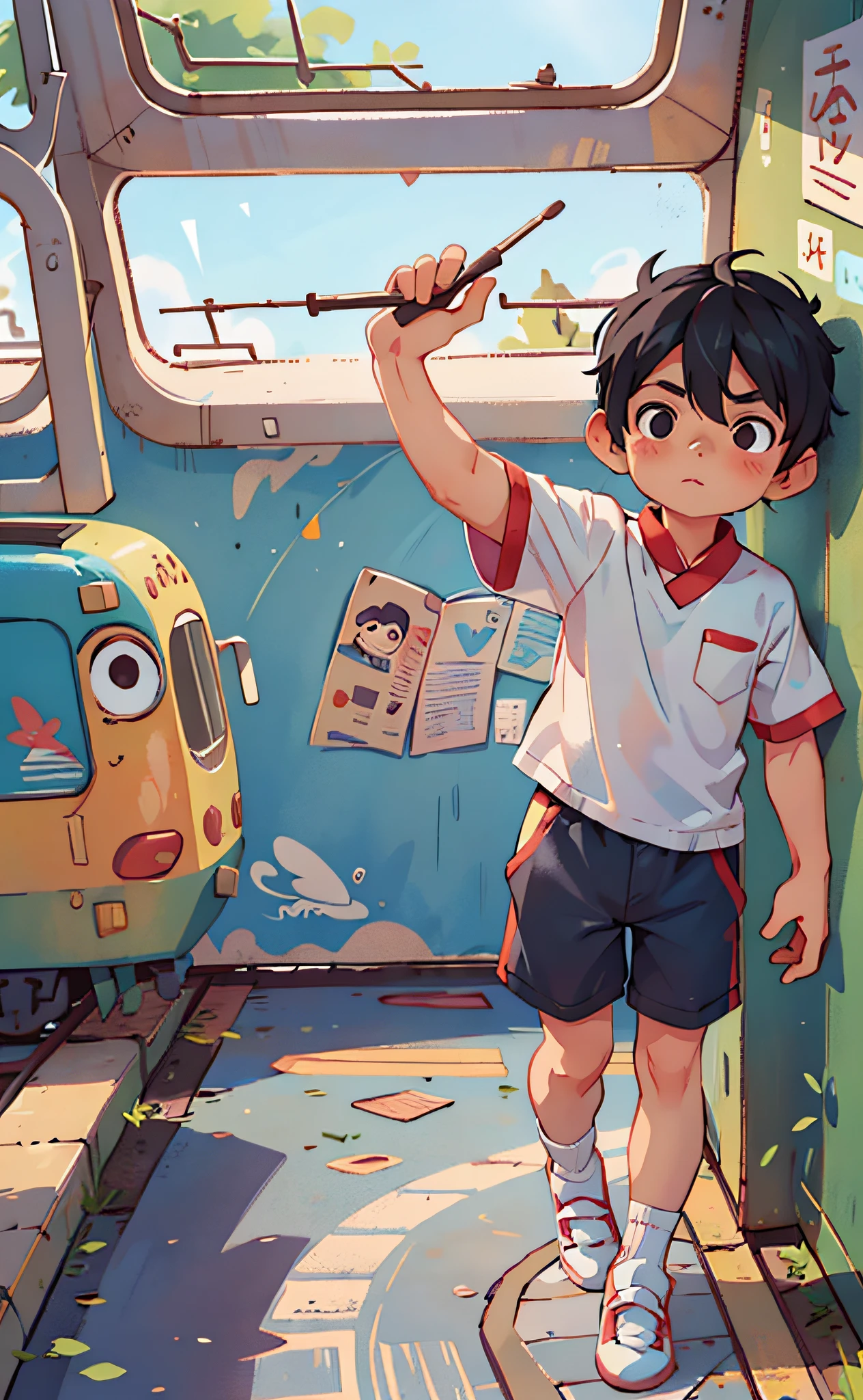 raw, 8k, masterpiece, simple background, best quality, illustration, (1  boy: 1.2), train, black eyes, black hair, white short sleeves, blue shorts, white socks, round face, Chinese, full body