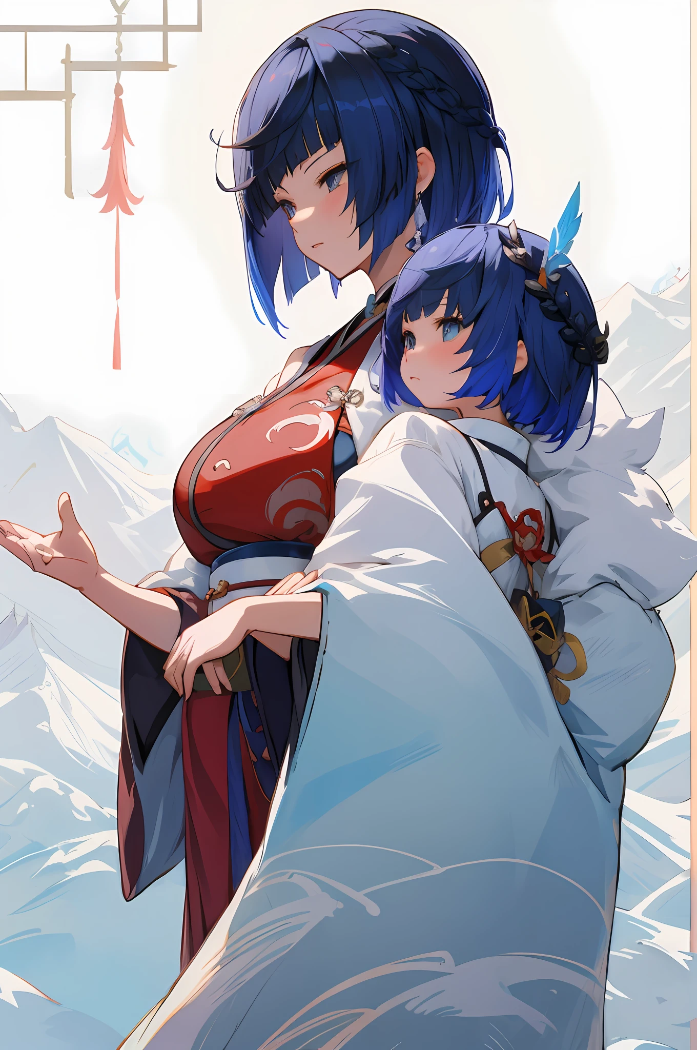 anime image of two women dressed in traditional japanese clothing in snow, palace a girl in hanfu, wlop and sakimichan, short hair, blue haired deity, characters from azur lane, anime fantasy illustration, from the azur lane videogame, genshin, artwork in the style of guweiz, onmyoji detailed art, two beautiful anime girls, mother and child, symbol of maternal love, mother and child, such as photos of mother and child