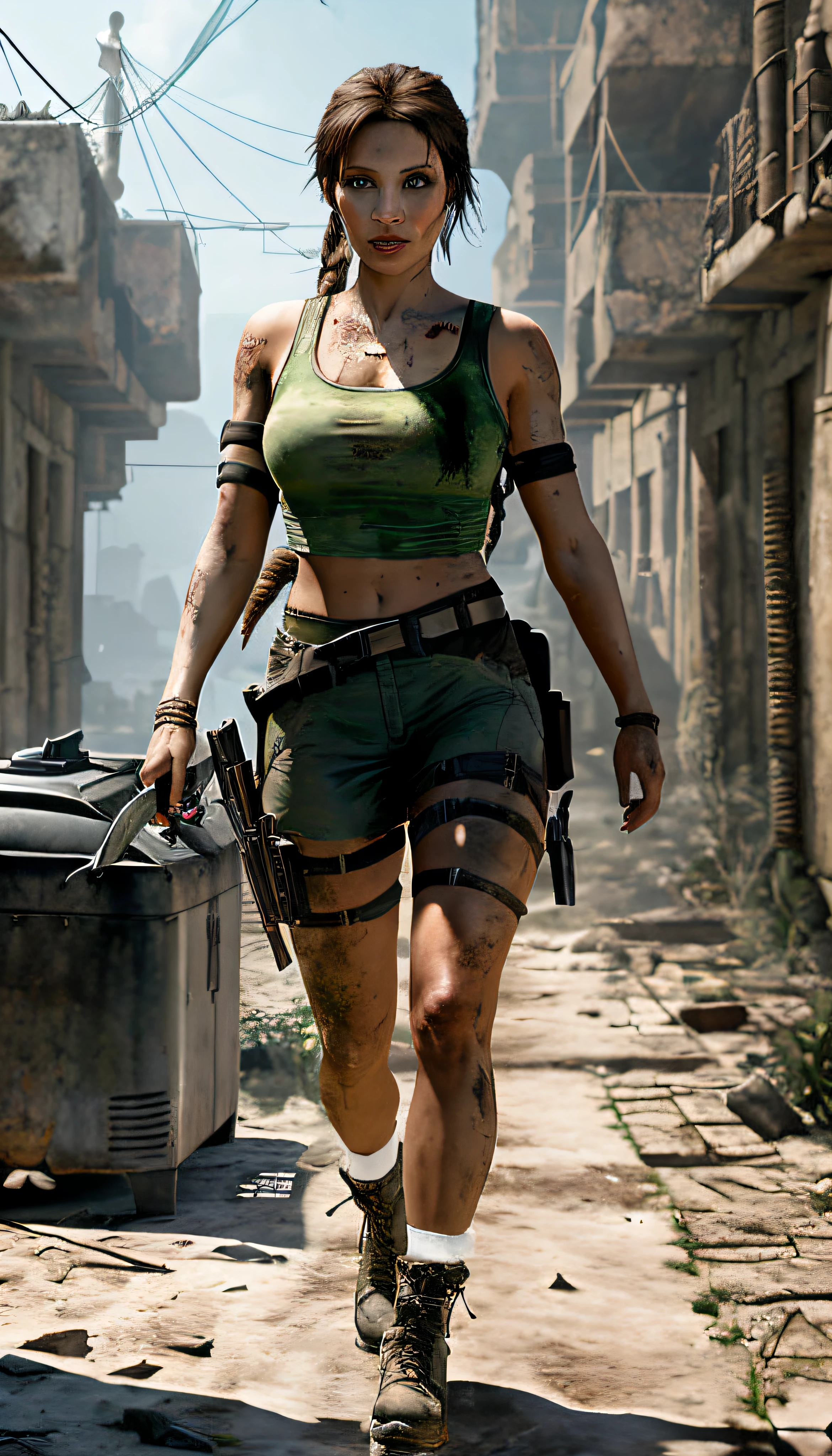 Angelina Jolie: lara croft, in a post-apocalyptic setting, cute tomb raider, muscle sweat lara croft, post-apocalyptic vibes, post-apocalyptic style, post-apocalyptic explorer, in a post-apocalyptic city, portrait of lara croft, post-apocalyptic style, tomb raider setting, white but dirty cotton socks, dark brown boots, (perfect legs),(perfect knees),(perfect calves)