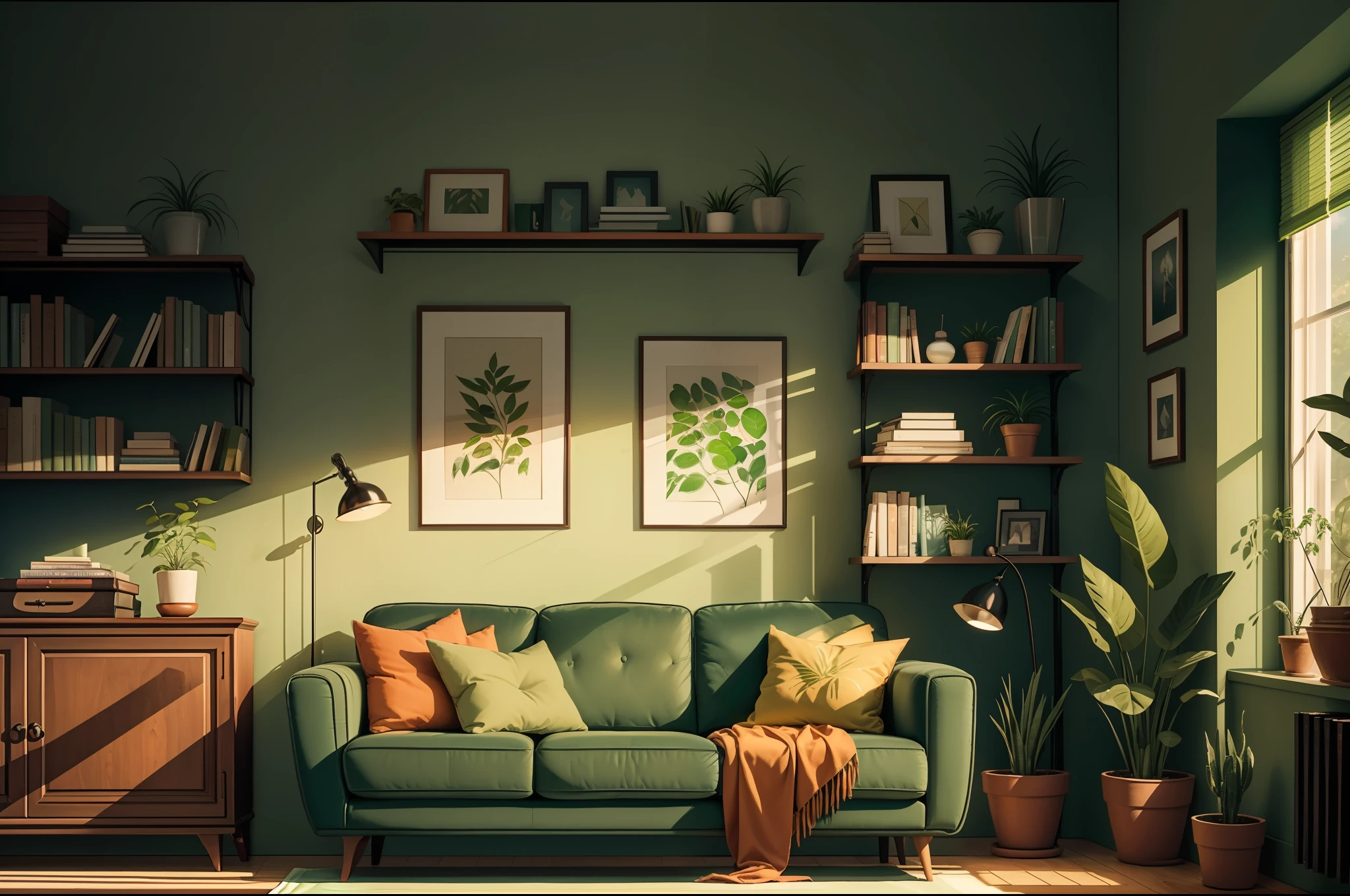 a living room with a red couch and a green plant on the wall and a book shelf with books