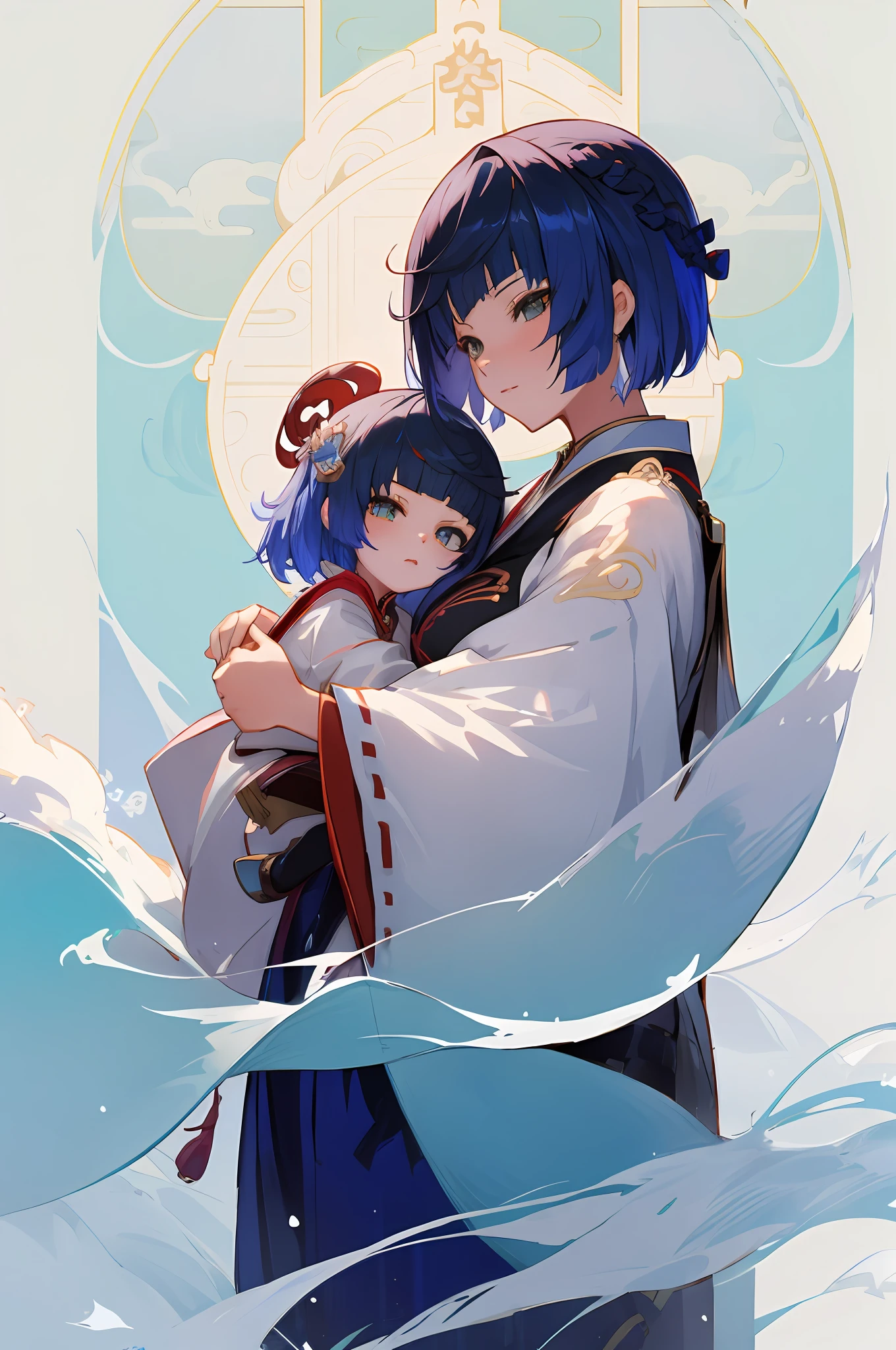 anime image of two women dressed in traditional japanese clothing in snow, palace  a girl in hanfu, wlop and sakimichan, short hair, blue haired deity, characters from azur lane, anime fantasy illustration, from the azur lane videogame, genshin, artwork in the style of guweiz, onmyoji detailed art, two beautiful anime girls, mother and child, symbol of maternal love, mother and child, such as photos of mother and child