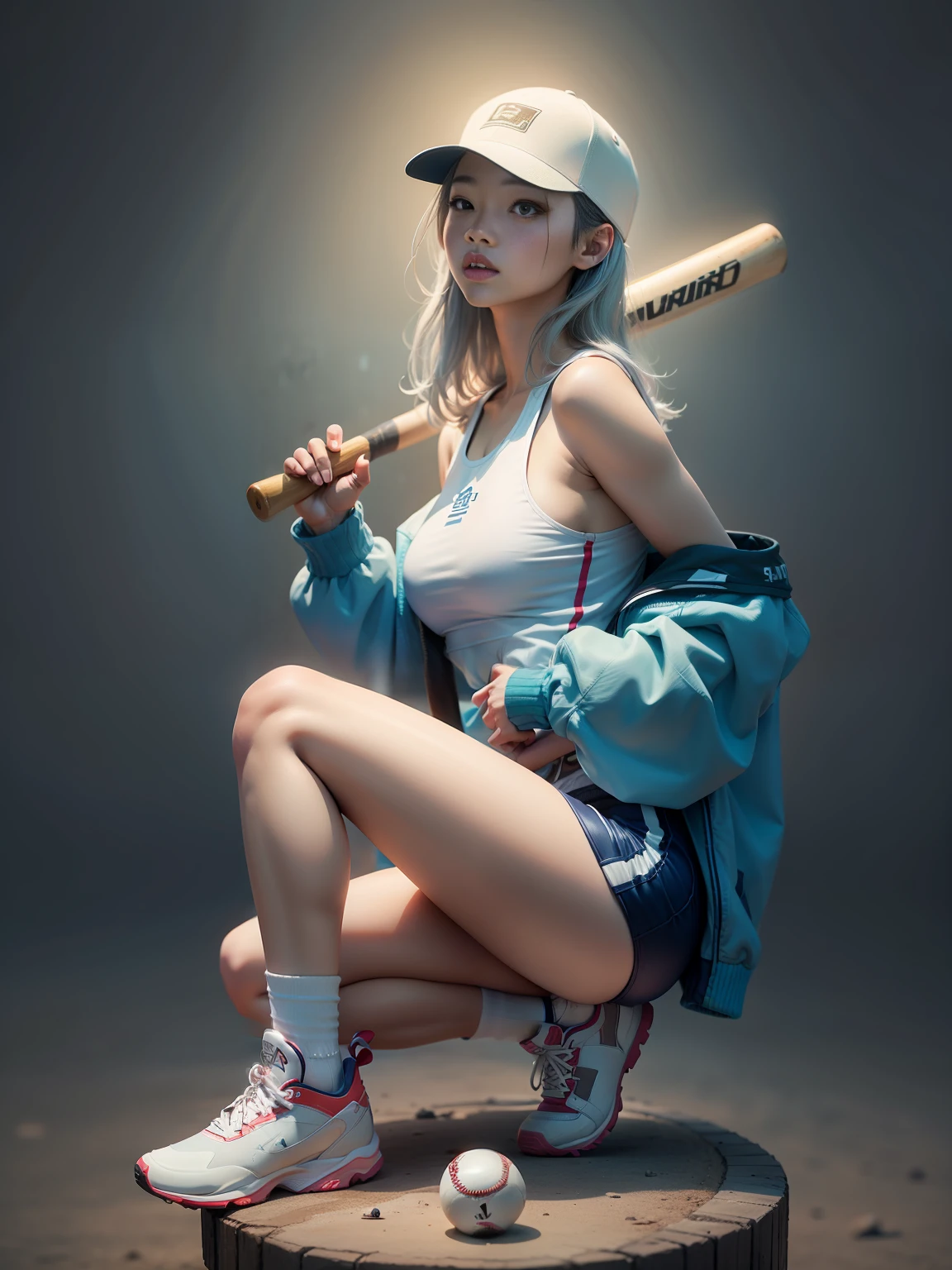 Korean female fashion model holding baseball bat in white shirt and blue shorts, Sporty, photos of slim girl models, Gorgeous young Korean woman, Korean girls, 24 year old female model, Cute sportswear, smooth white tight clothes suit, baseball cap, silver hair, mole under eye, cinematic lighting, 8k, highres, best quality, textured skin, retina --auto