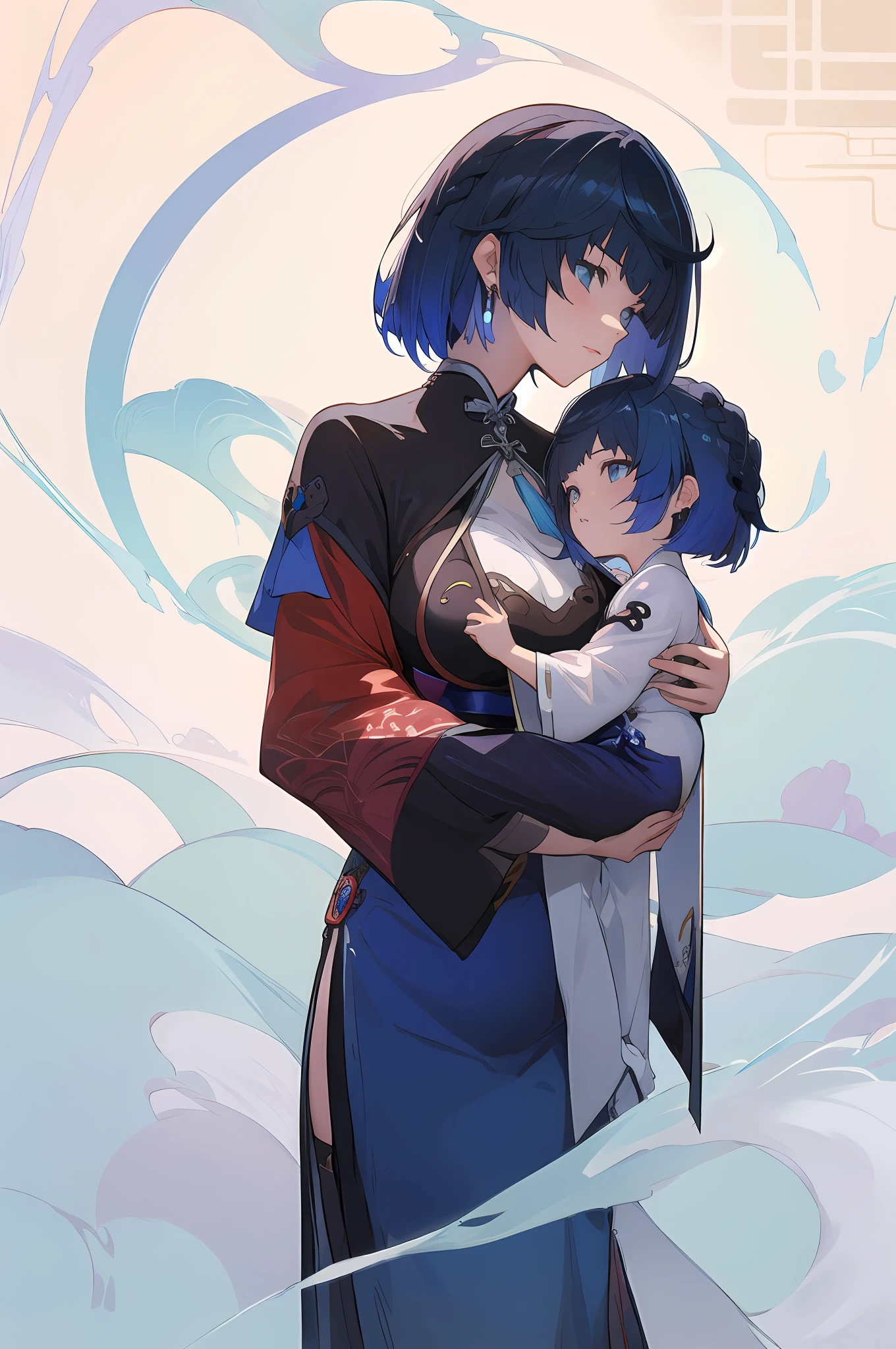 anime image of two women dressed in traditional china clothing in Spring, palace a girl in hanfu, wlop and sakimichan, short hair, blue haired deity, characters from azur lane, anime fantasy illustration, from the azur lane videogame, genshin, artwork in the style of guweiz, cultivator detailed art, two beautiful anime girls, mother and child, symbol of maternal love, mother and child, such as photos of mother and child